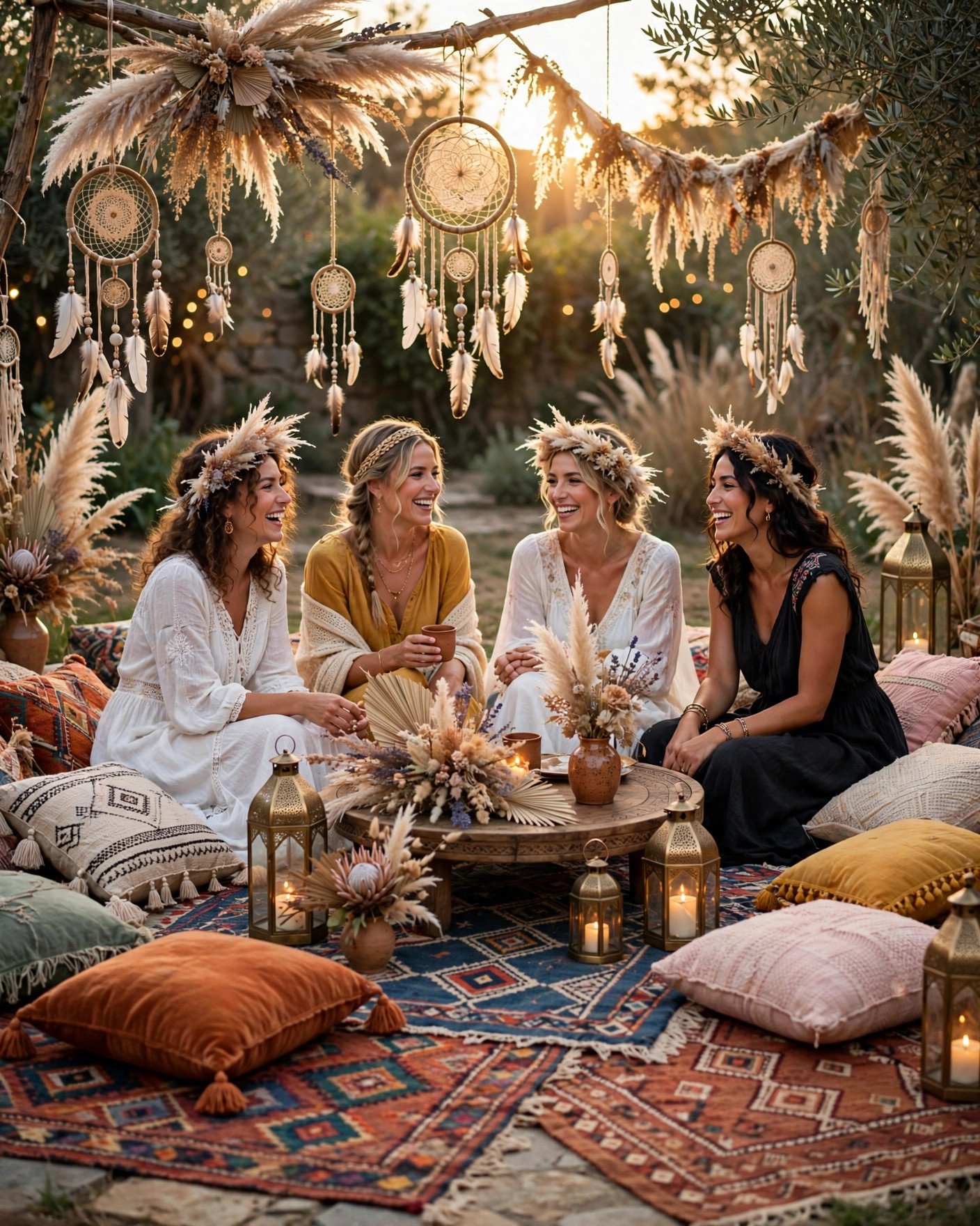 Bohemian bridal shower with floor cushions, pampas grass and moroccan rugs