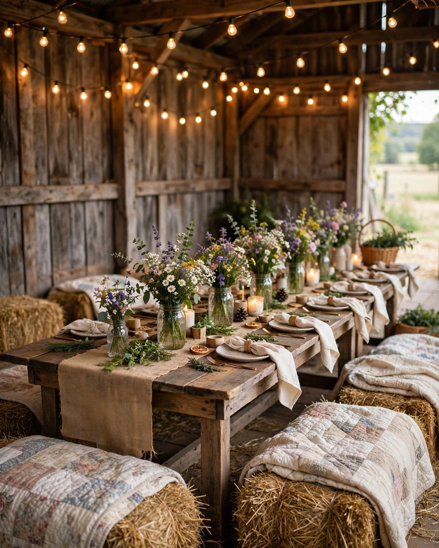 Rustic barn bridal shower with farm table, burlap runners and mason jar flowers