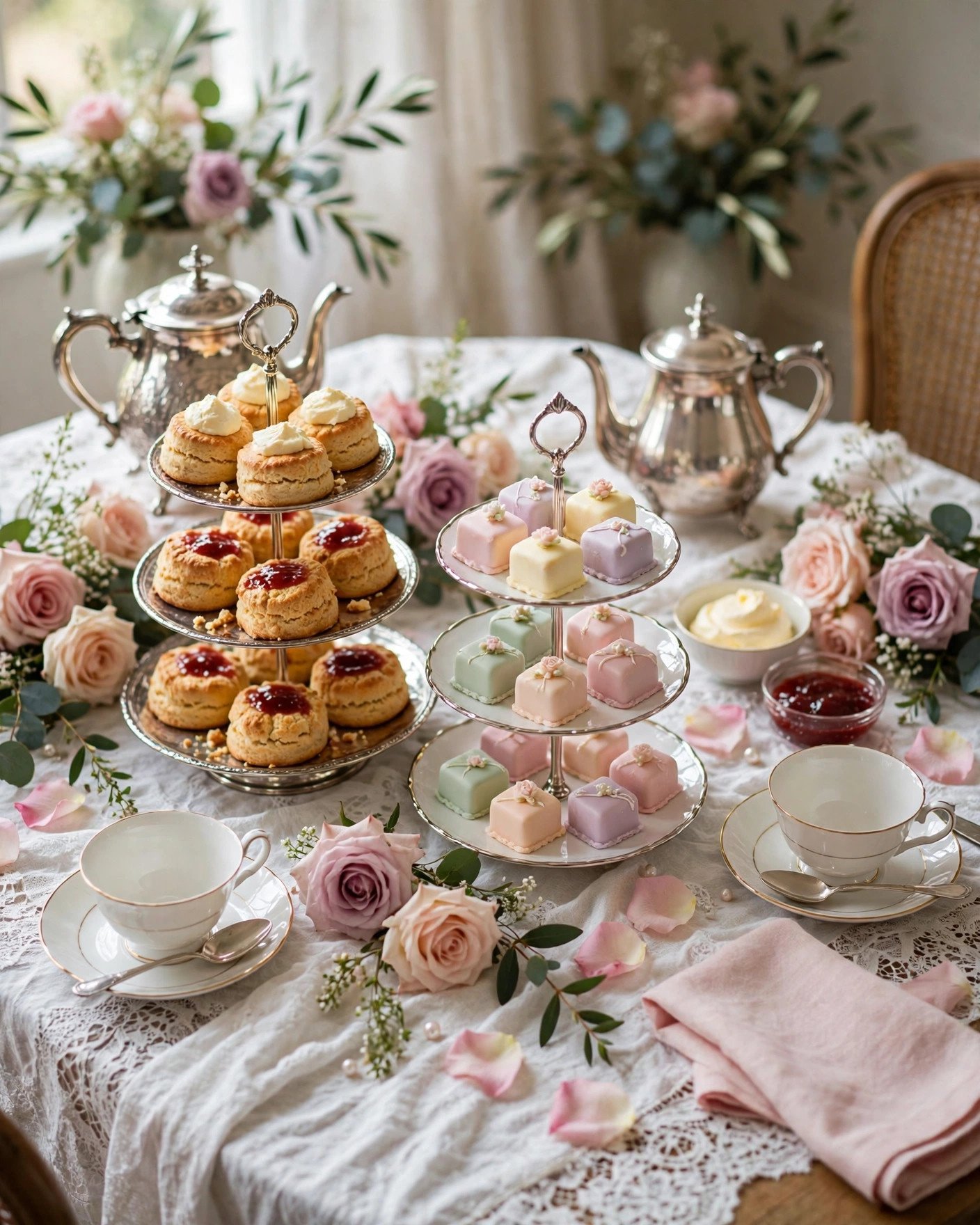 High tea elegance bridal shower with fine china, tiered stands and lace tablecloth