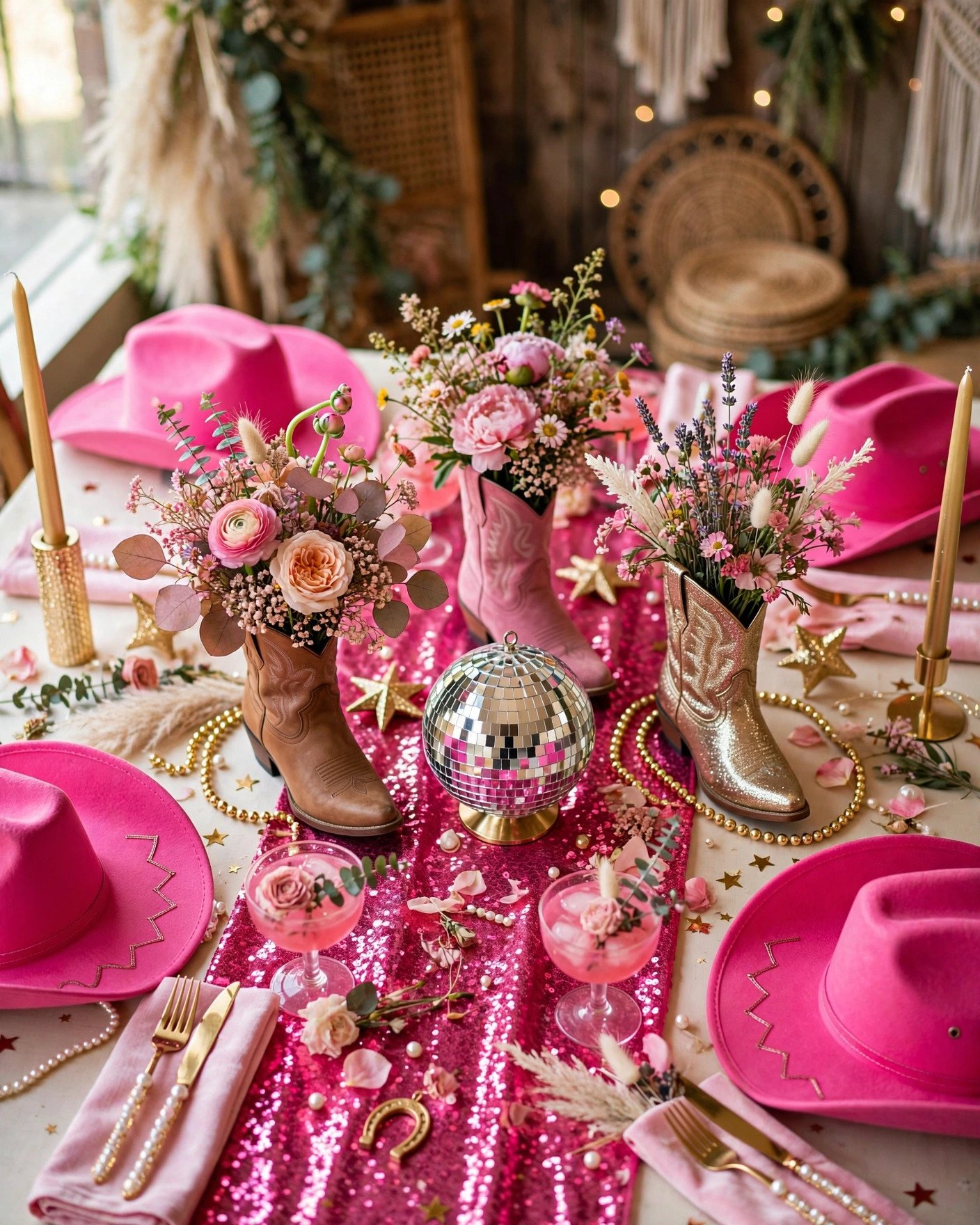 Disco cowgirl bridal shower with pink cowboy hats, disco ball and boot vases