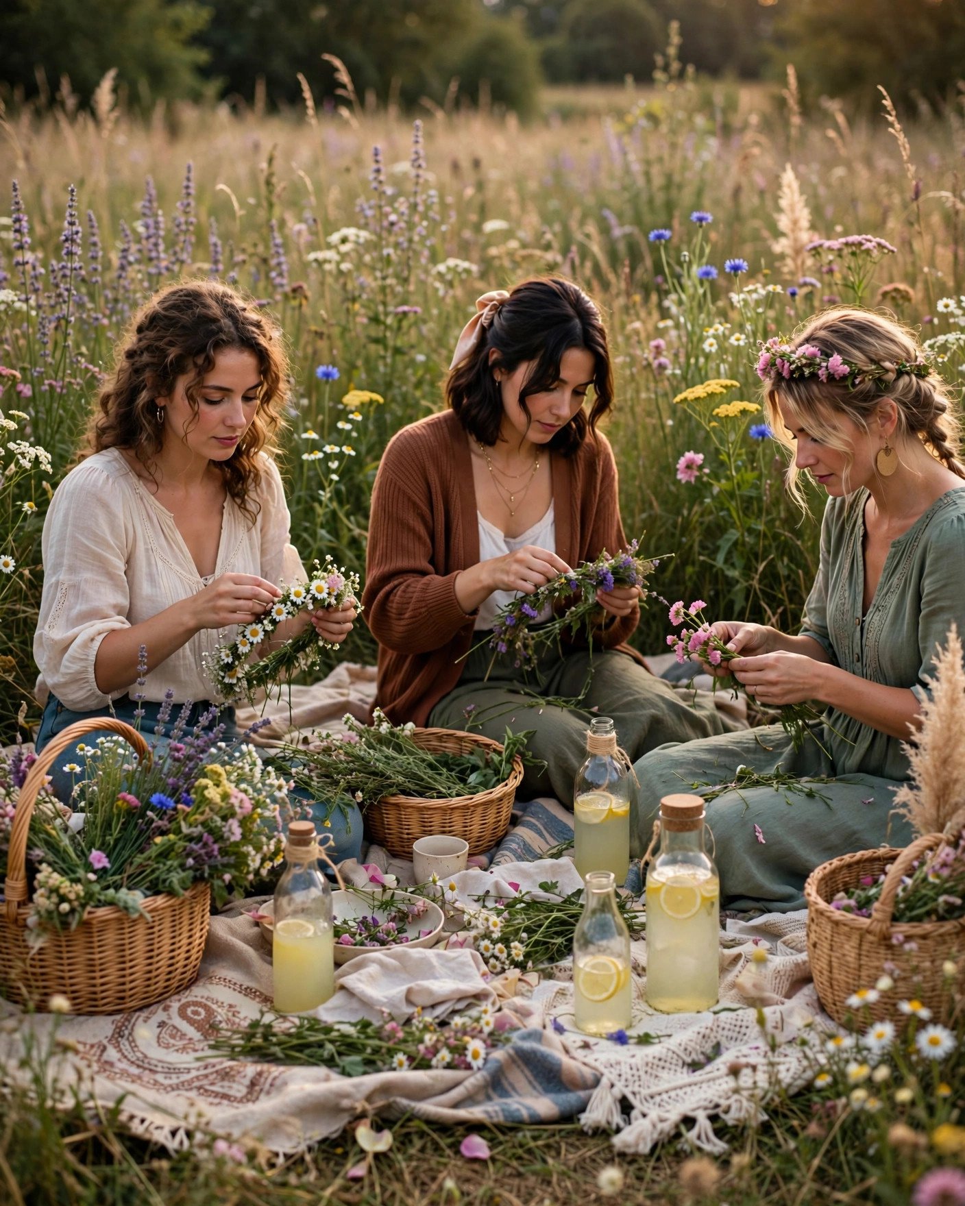 Wildflower meadow bridal shower picnic with blankets, baskets and flower crowns