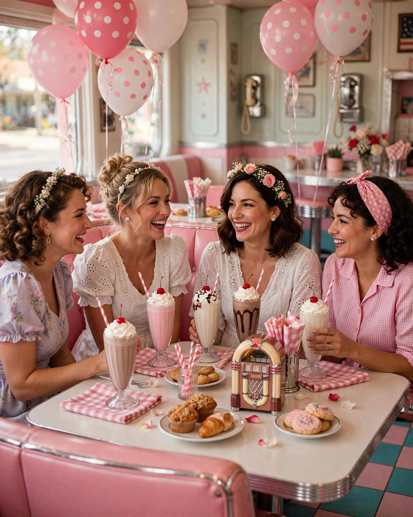 Retro diner bridal shower with pink booth, milkshakes, jukebox and checkered decor