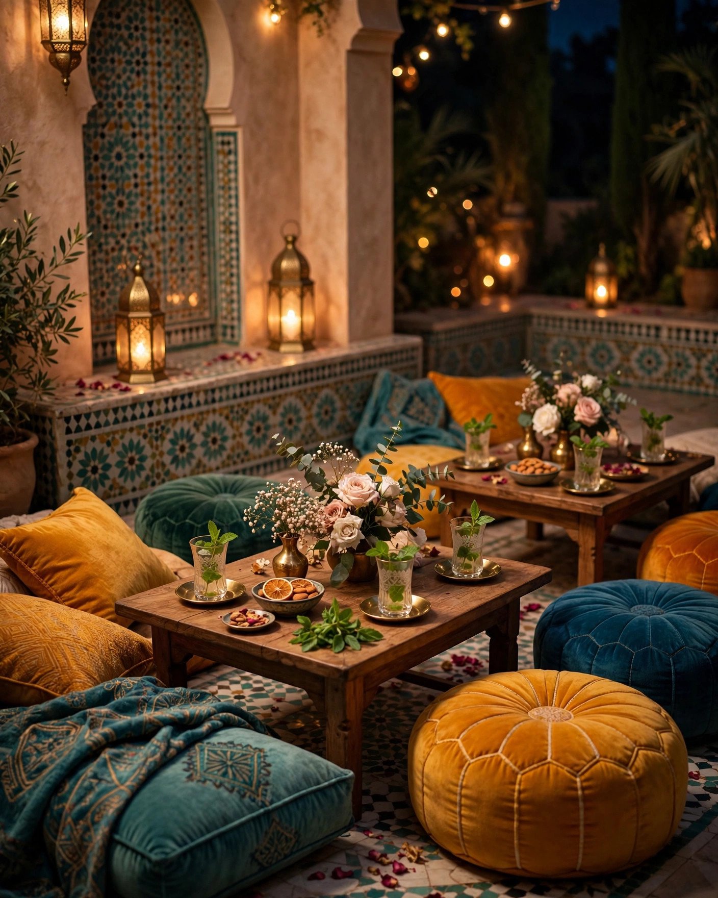 Moroccan nights bridal shower with jewel-toned cushions, brass lanterns and mosaic tiles