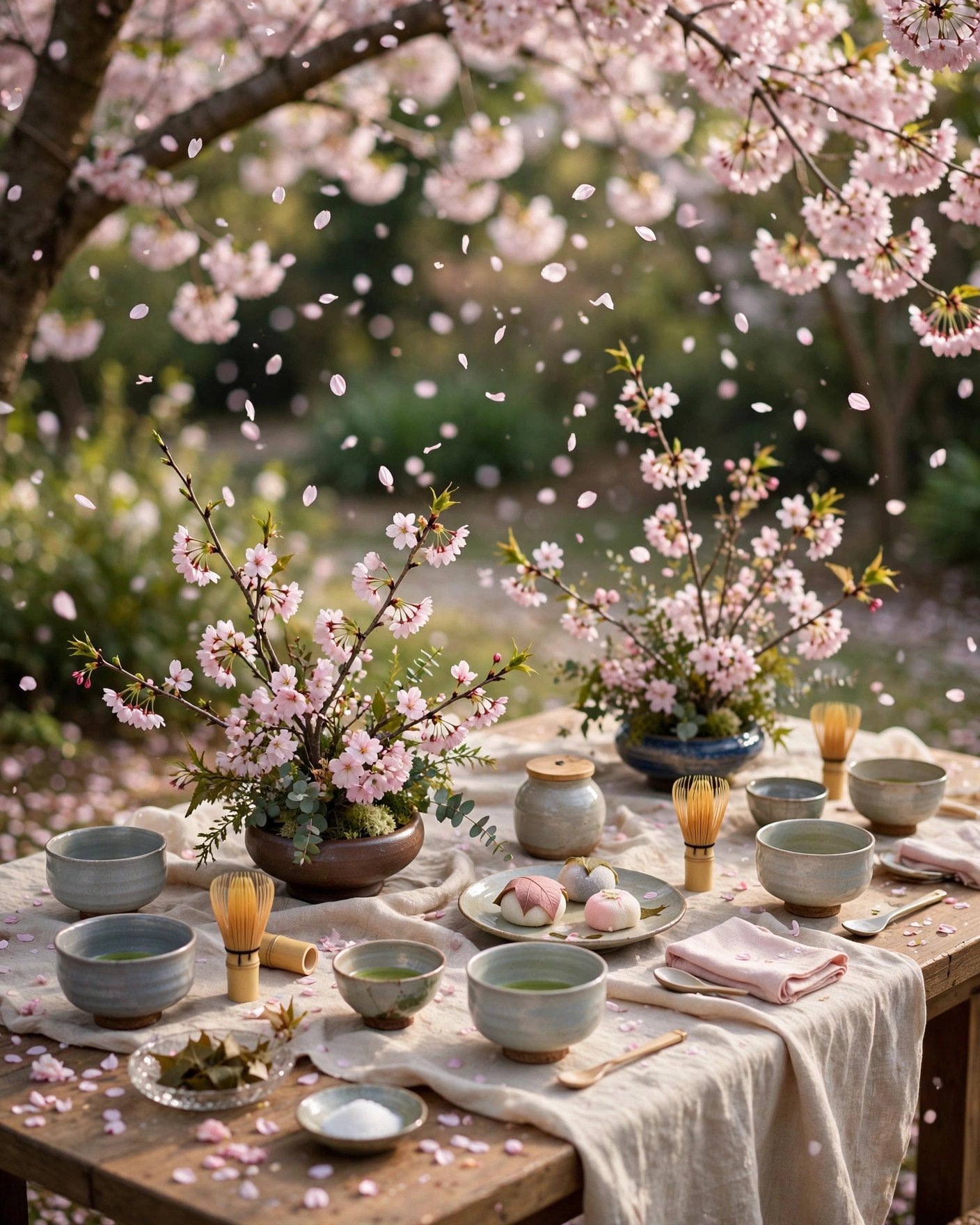 Cherry blossom bridal shower with sakura petals, ikebana and matcha tea sets