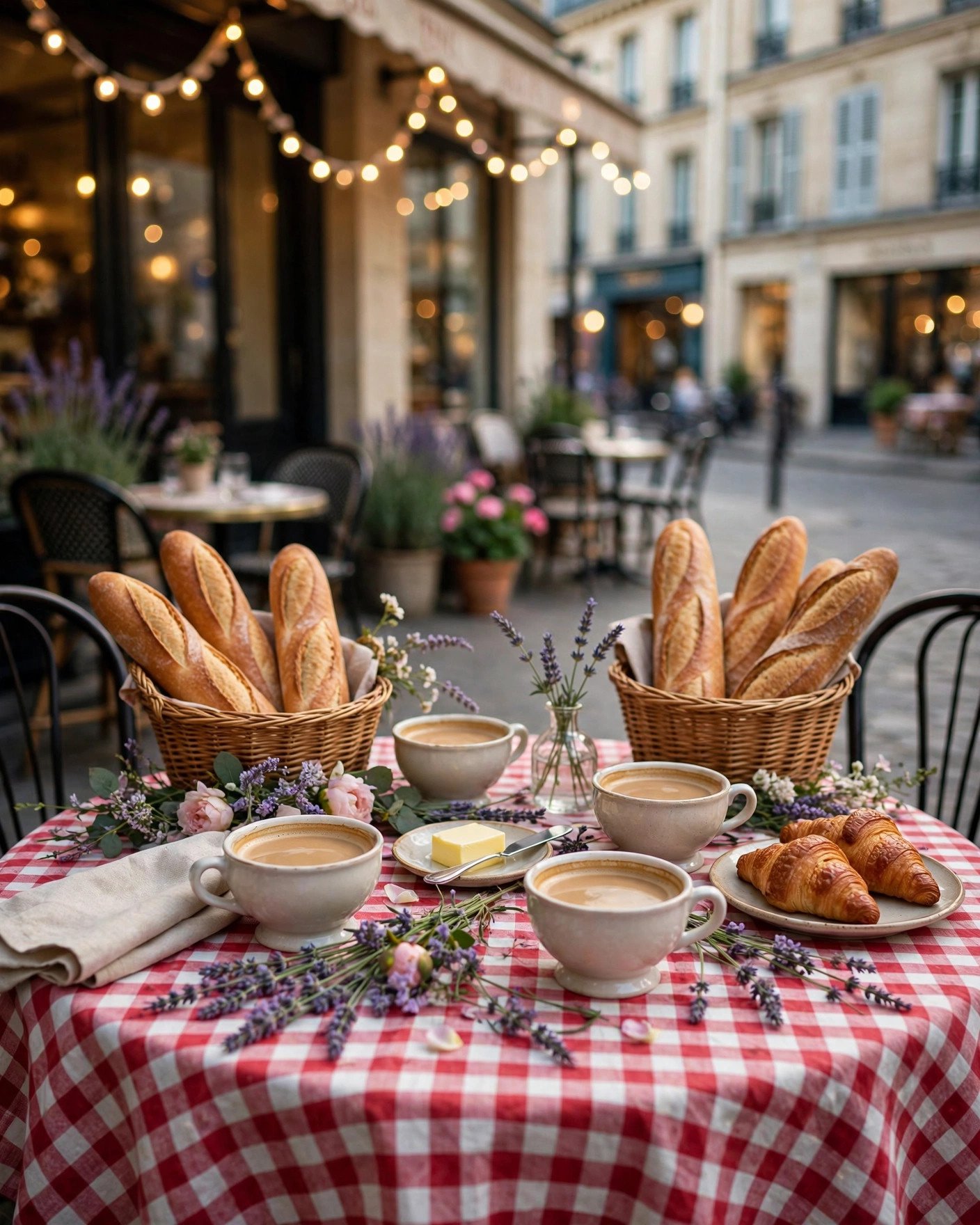 French bistro bridal shower with gingham tablecloth, baguettes and cafe lights