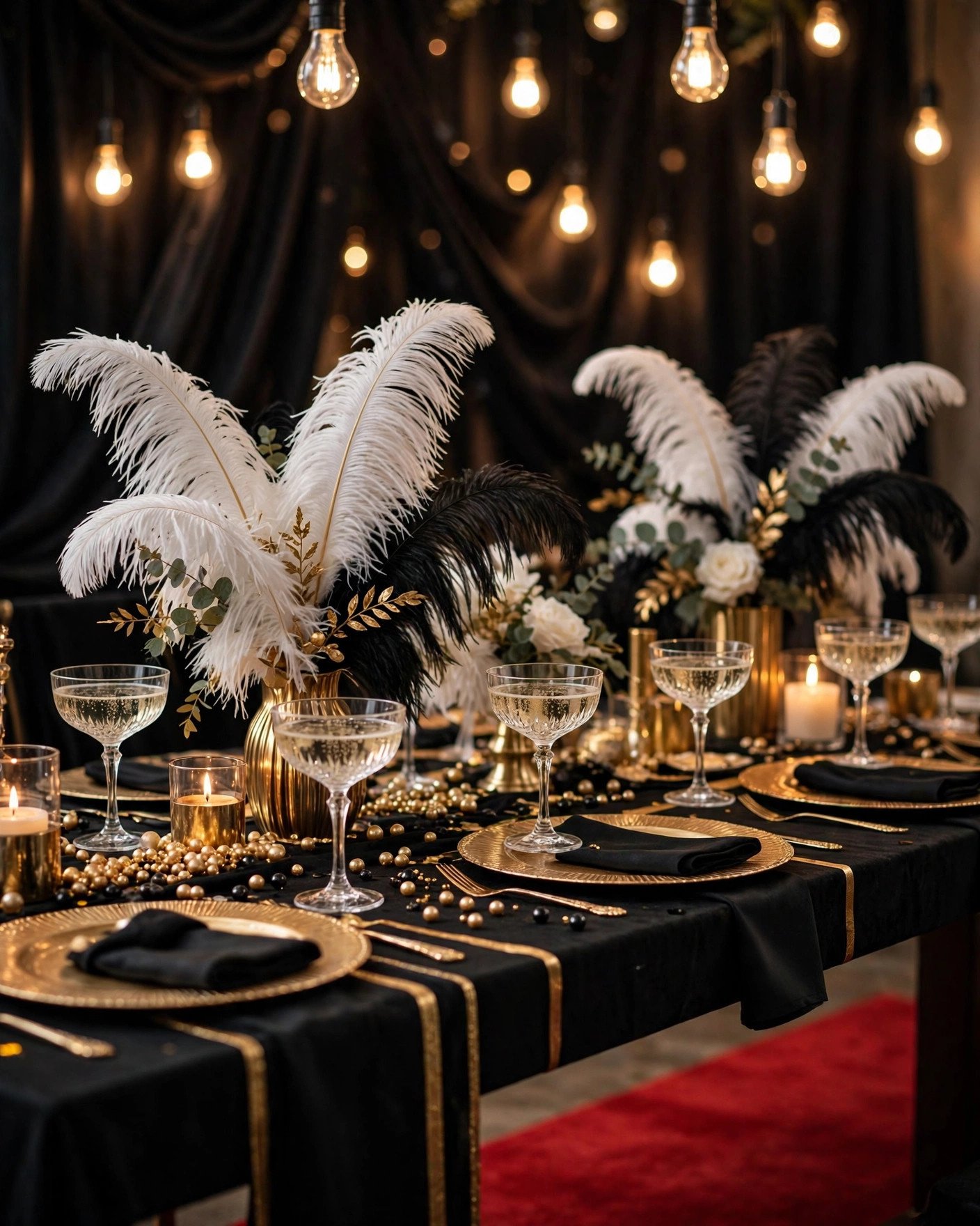 Hollywood glam bridal shower with black and gold table, champagne coupes and marquee lights