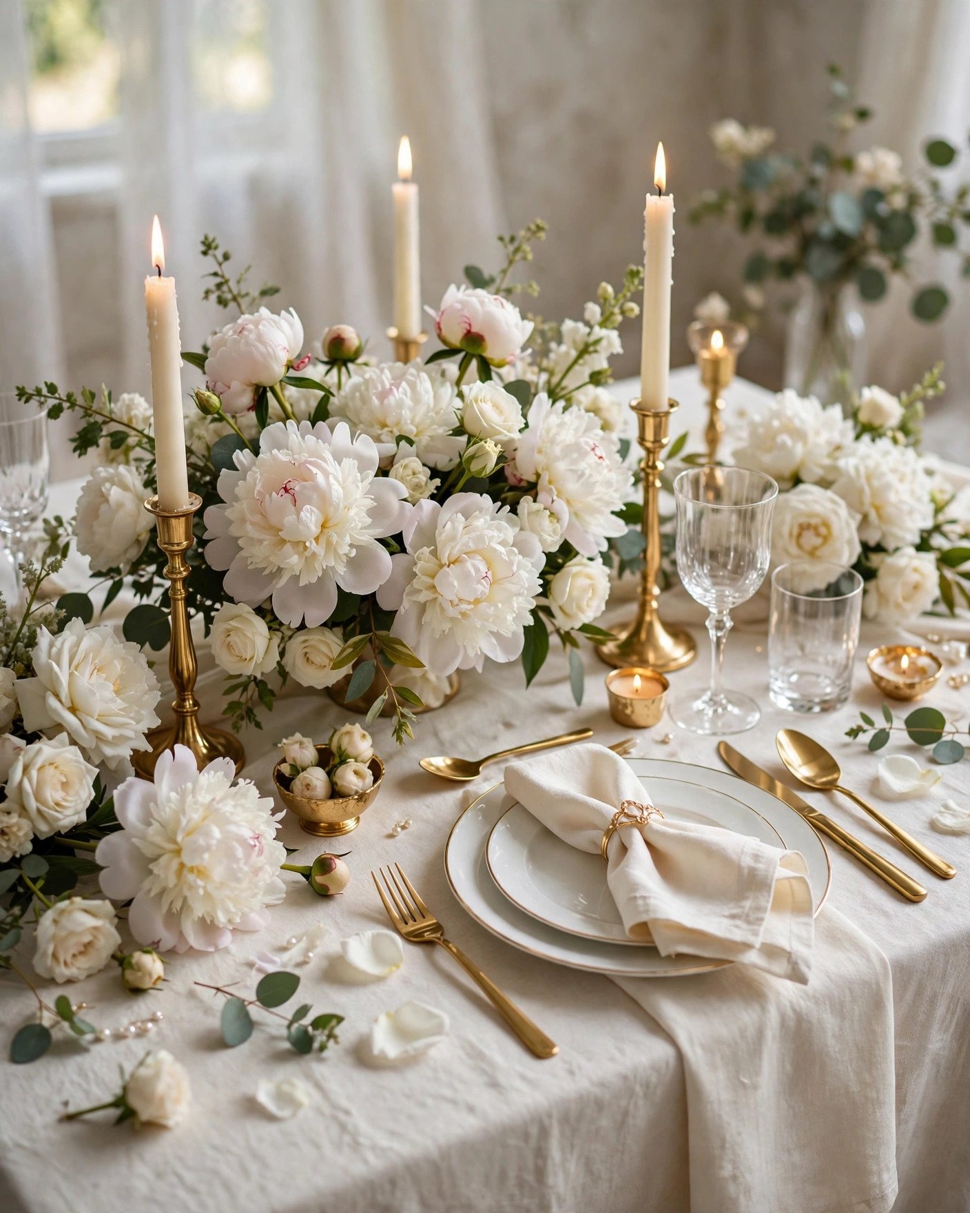 Classic white and gold bridal shower table with white peonies and gold flatware