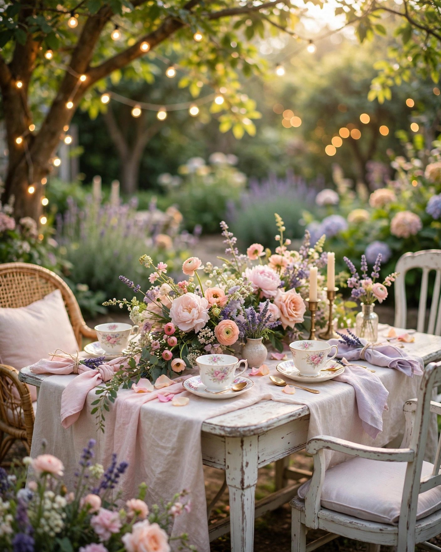 Chic garden party bridal shower with pastel florals and fairy lights outdoors