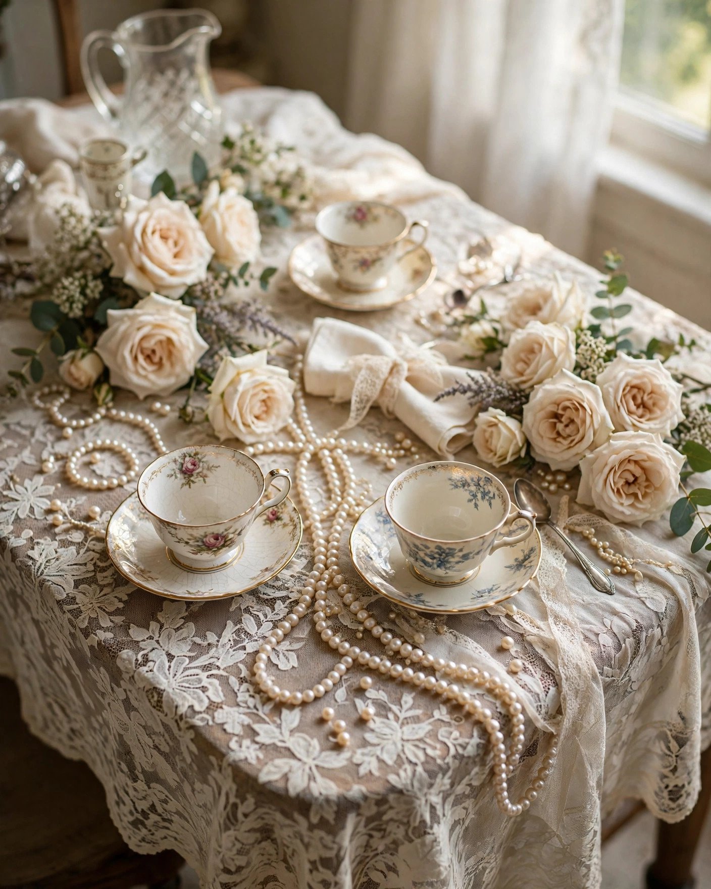 Vintage lace and pearl bridal shower table with antique teacups and cream roses