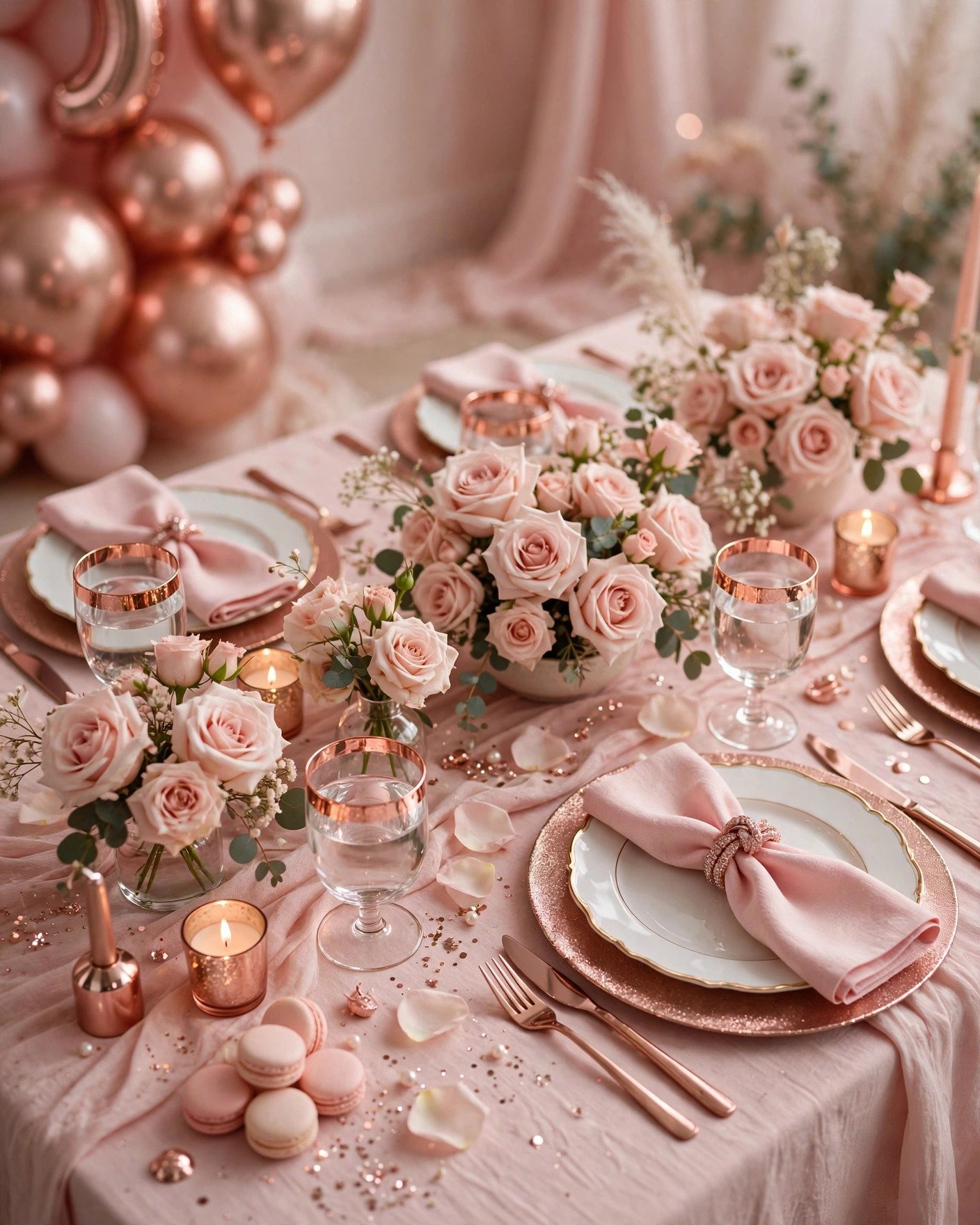 Blush pink and rose gold bridal shower table with rose gold balloons and blush roses