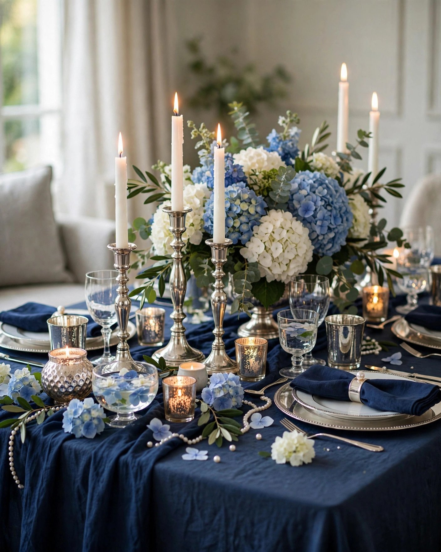 Navy and silver bridal shower table with navy linens and silver candlesticks