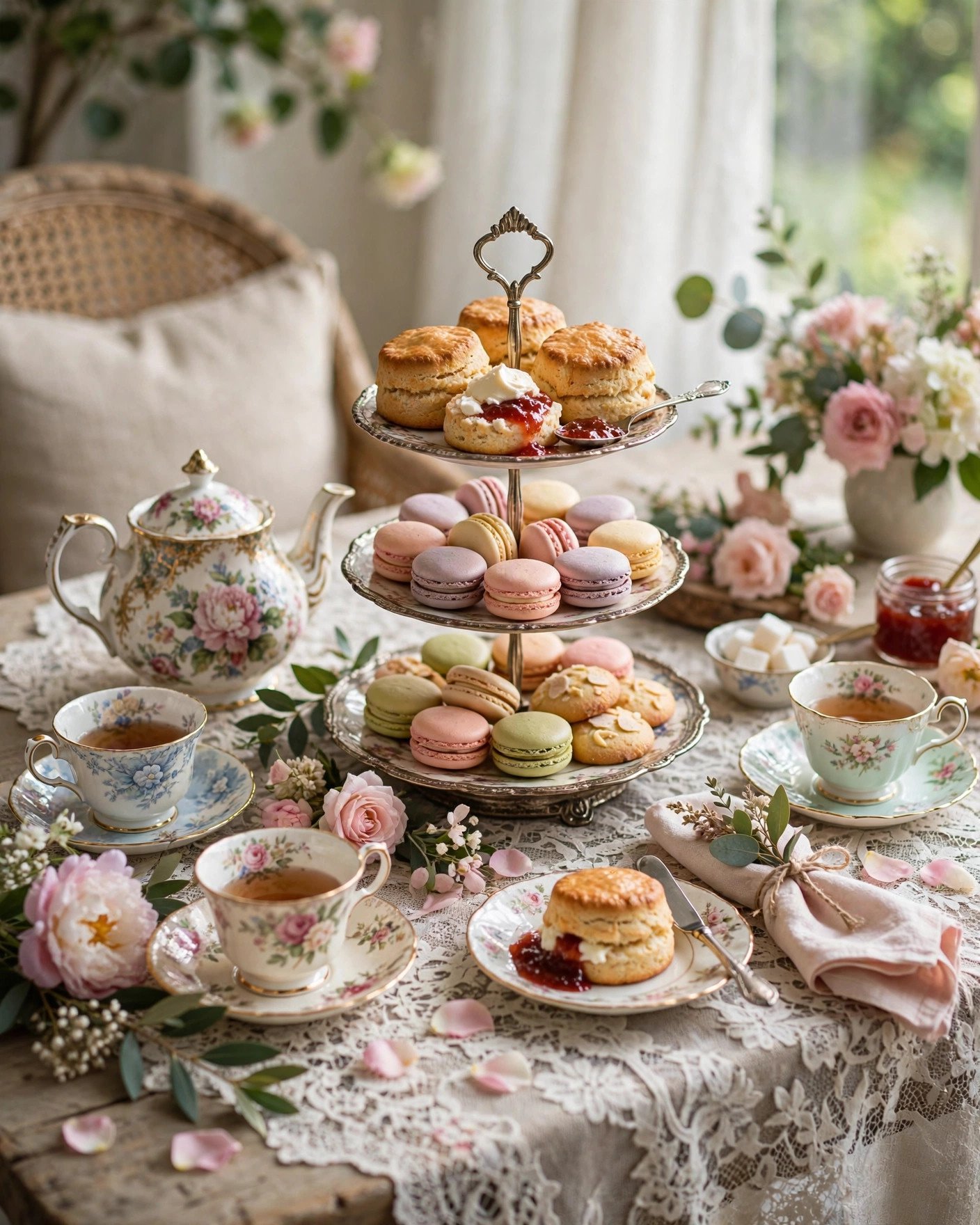 Elegant tea party bridal shower with vintage teacups and tiered pastry stand