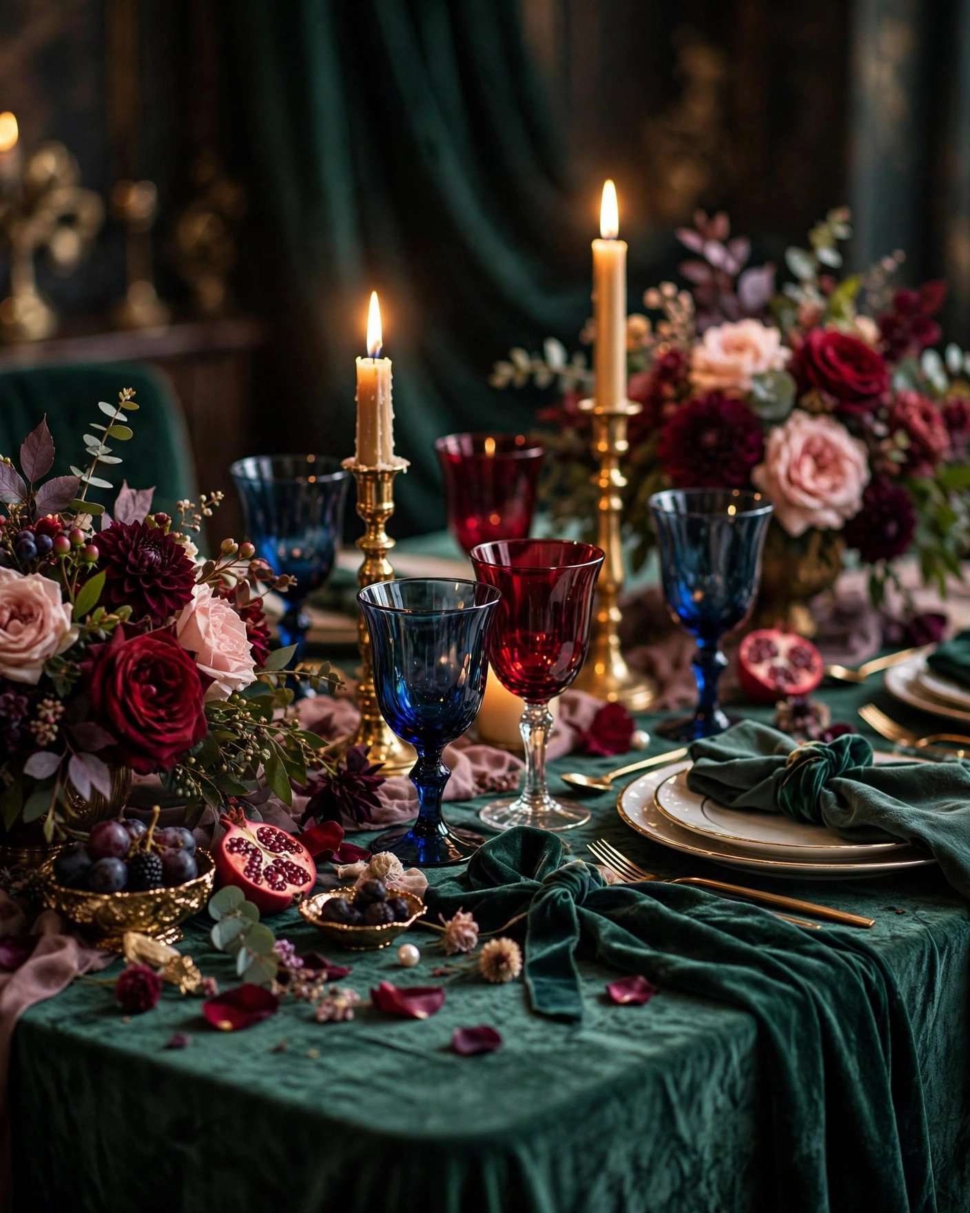 Velvet and jewel tones bridal shower table with emerald velvet and gold candlesticks