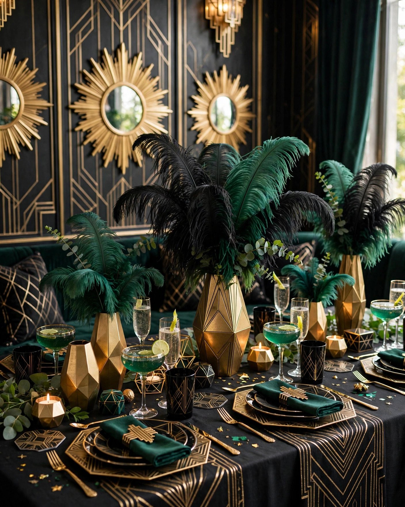 Art deco glamour bridal shower table with black gold and emerald geometric decor
