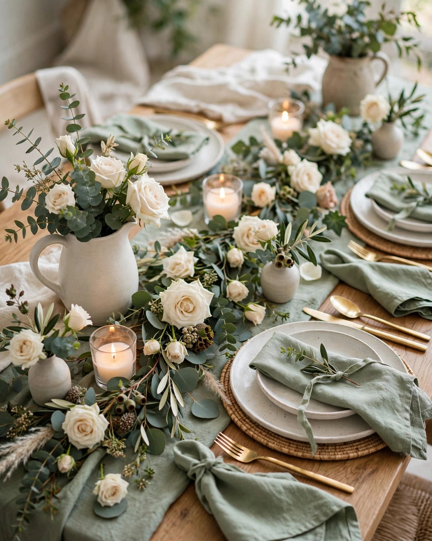 Ivory and sage green bridal shower table with eucalyptus garlands and ivory roses