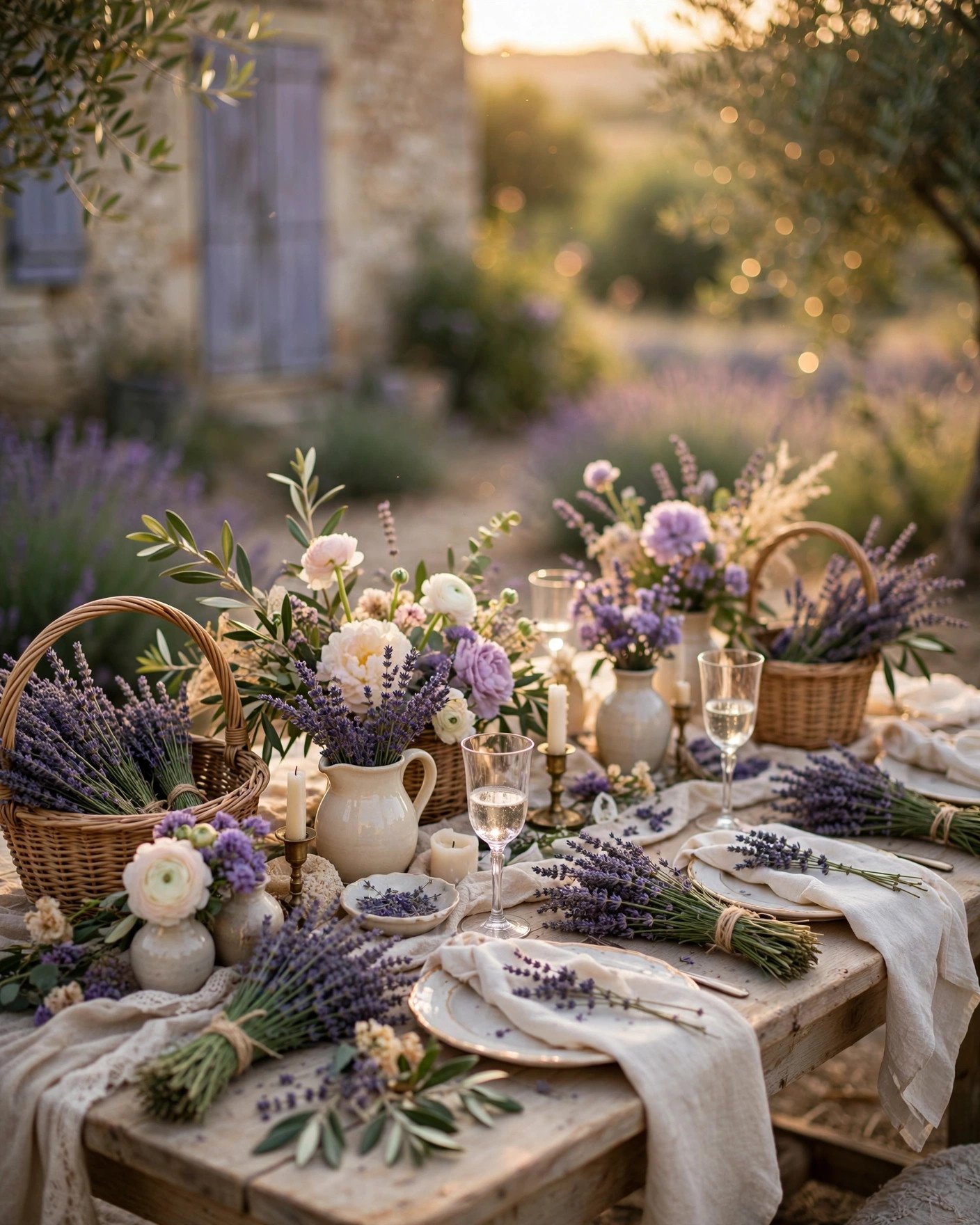 French Provence lavender bridal shower table with fresh lavender bundles and rustic decor