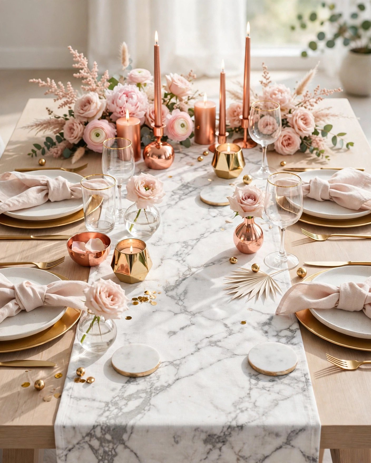 Marble and metallics bridal shower table with marble runner and gold accents