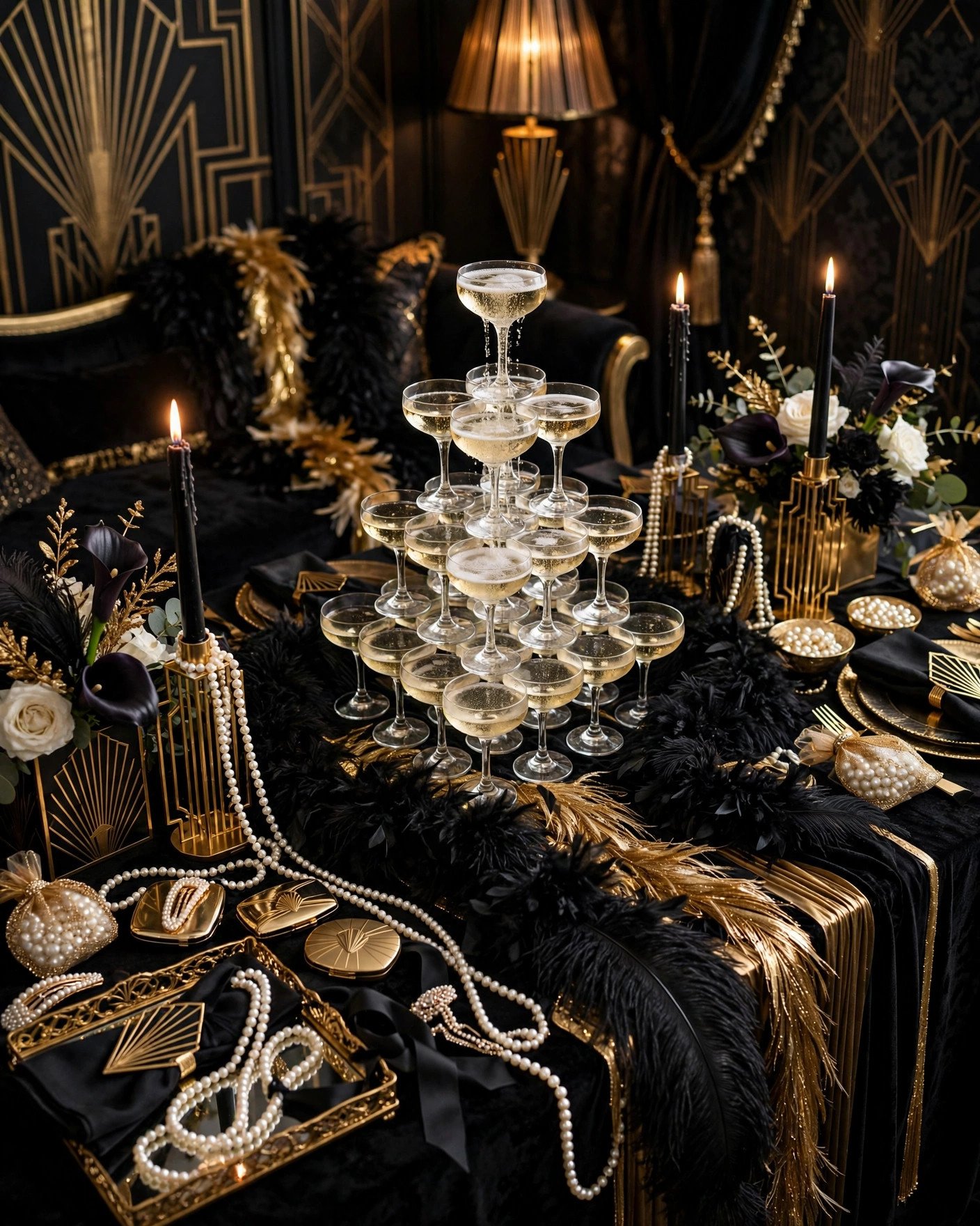 Gatsby 1920s glam bridal shower with black and gold decor and champagne tower