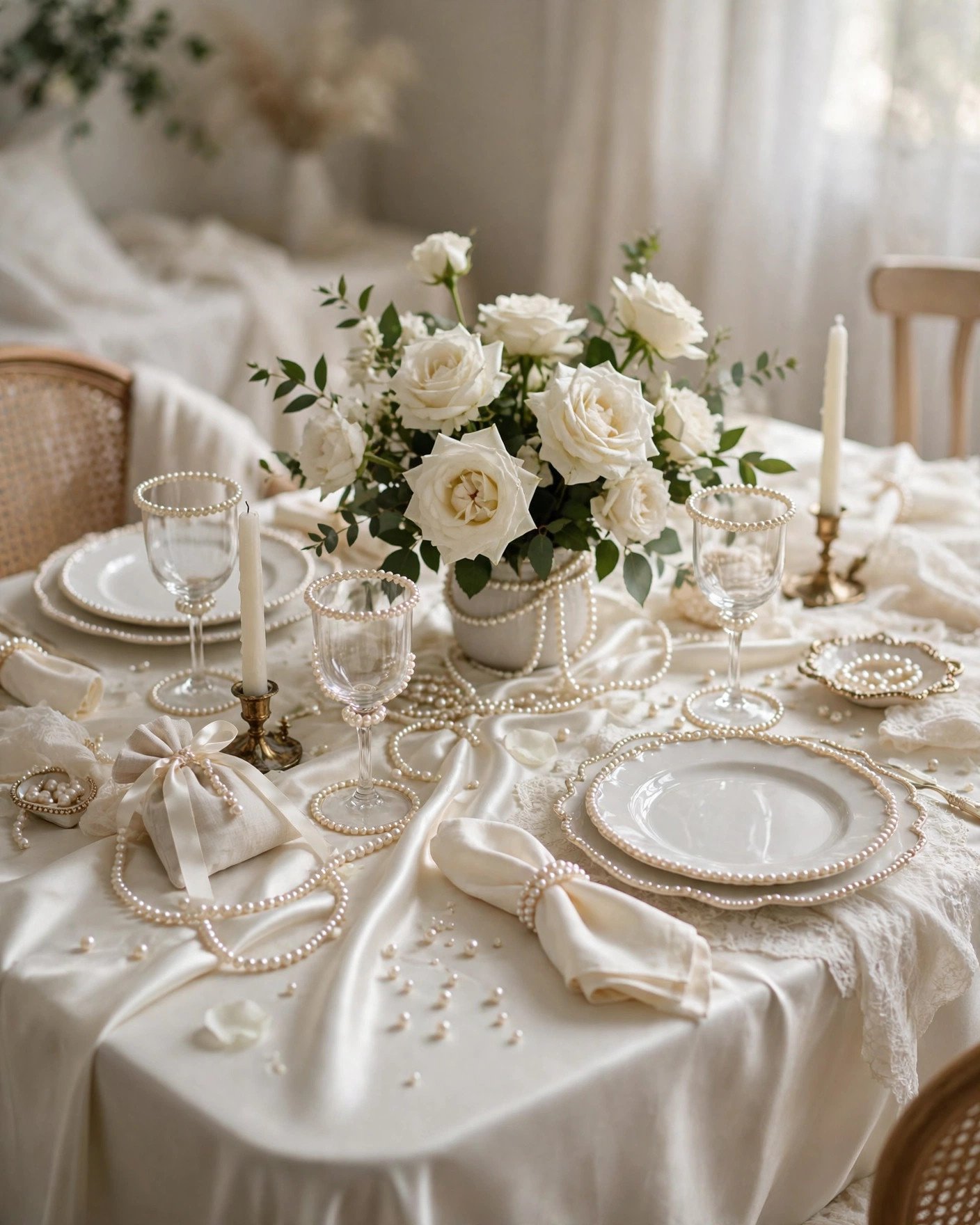 Pearl and satin bridal shower table with ivory satin cloth and pearl decor