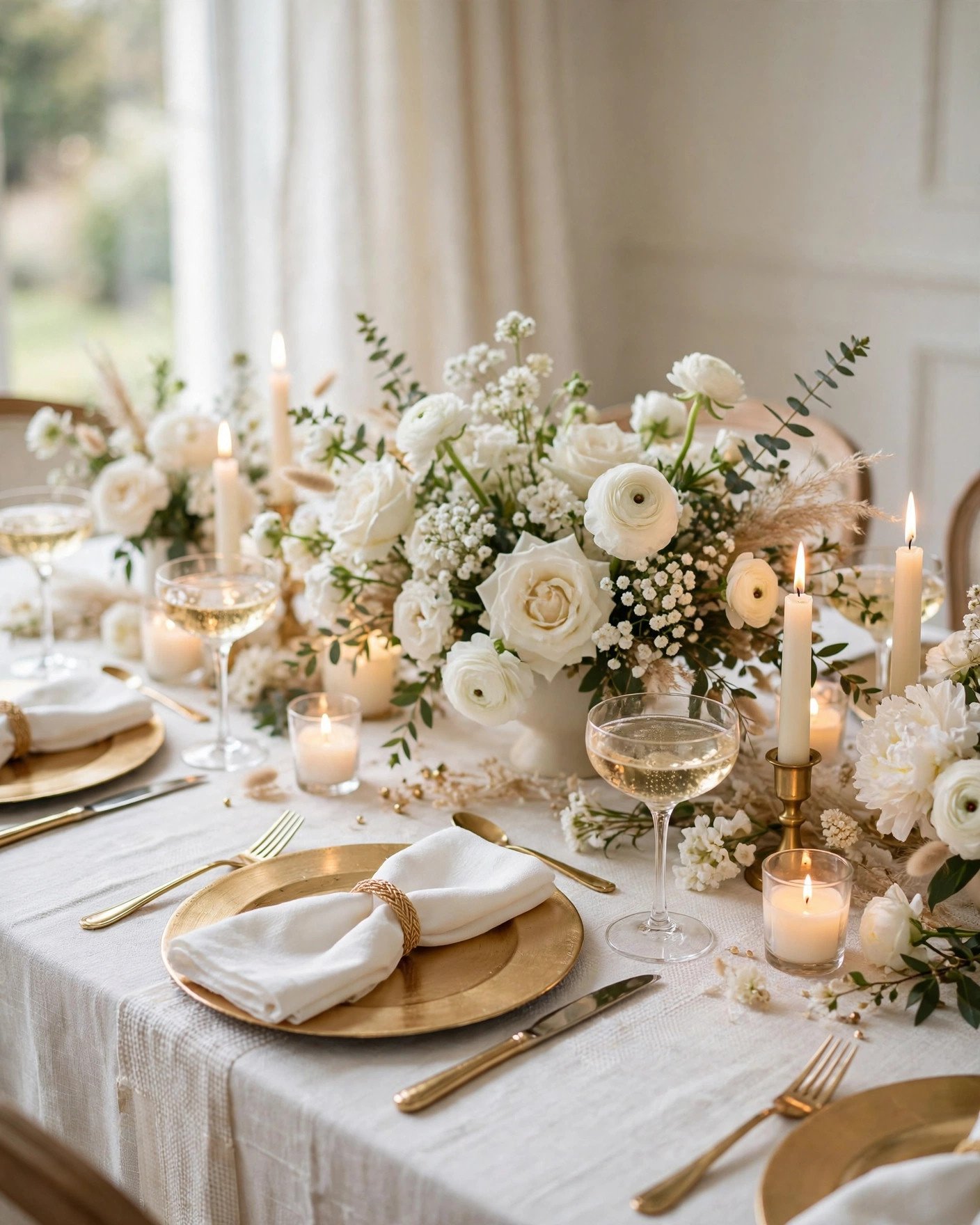 Elegant bridal shower table in classic white and gold with white florals and champagne coupes