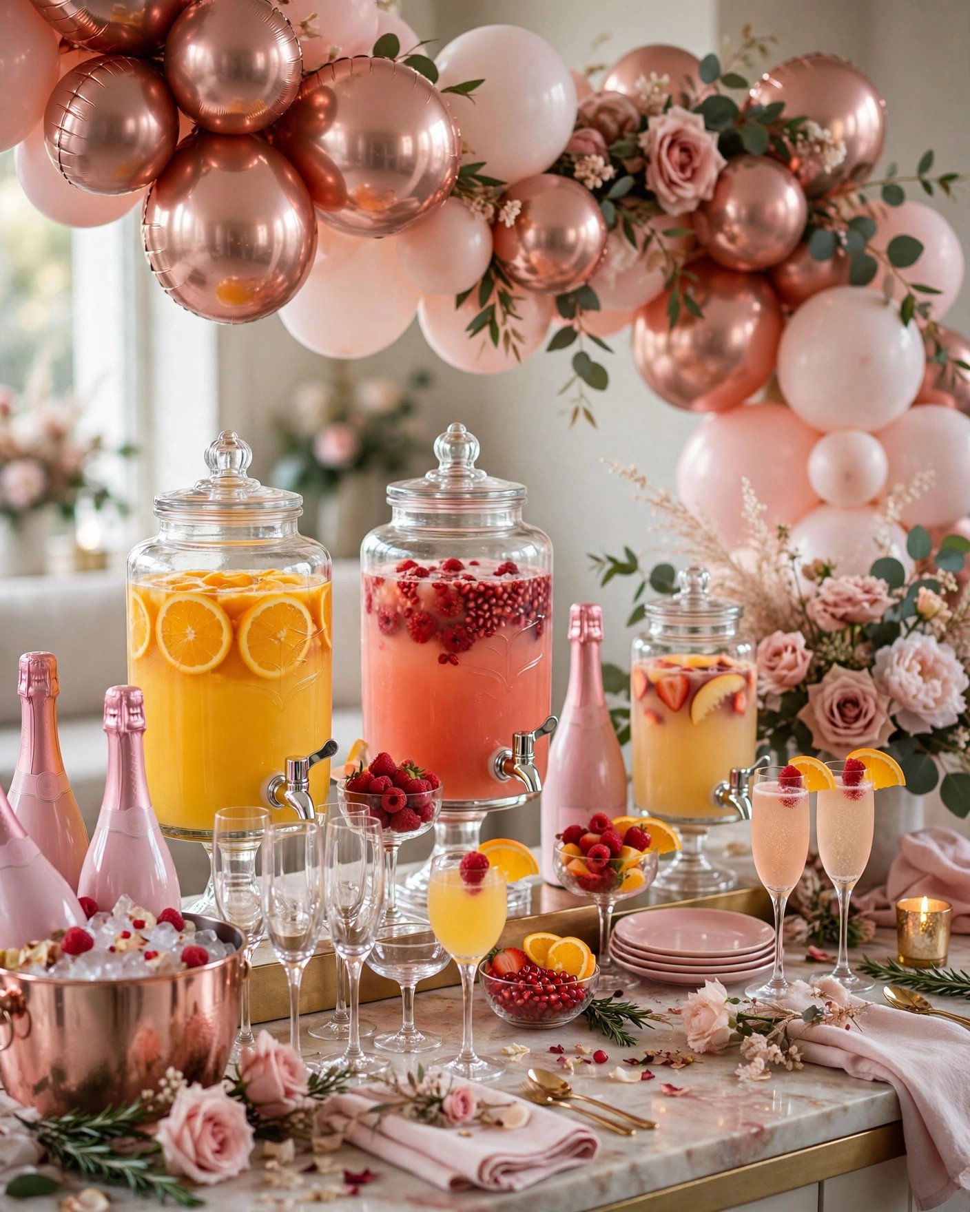 Boozy bridal shower champagne and mimosa bar with pink champagne bottles