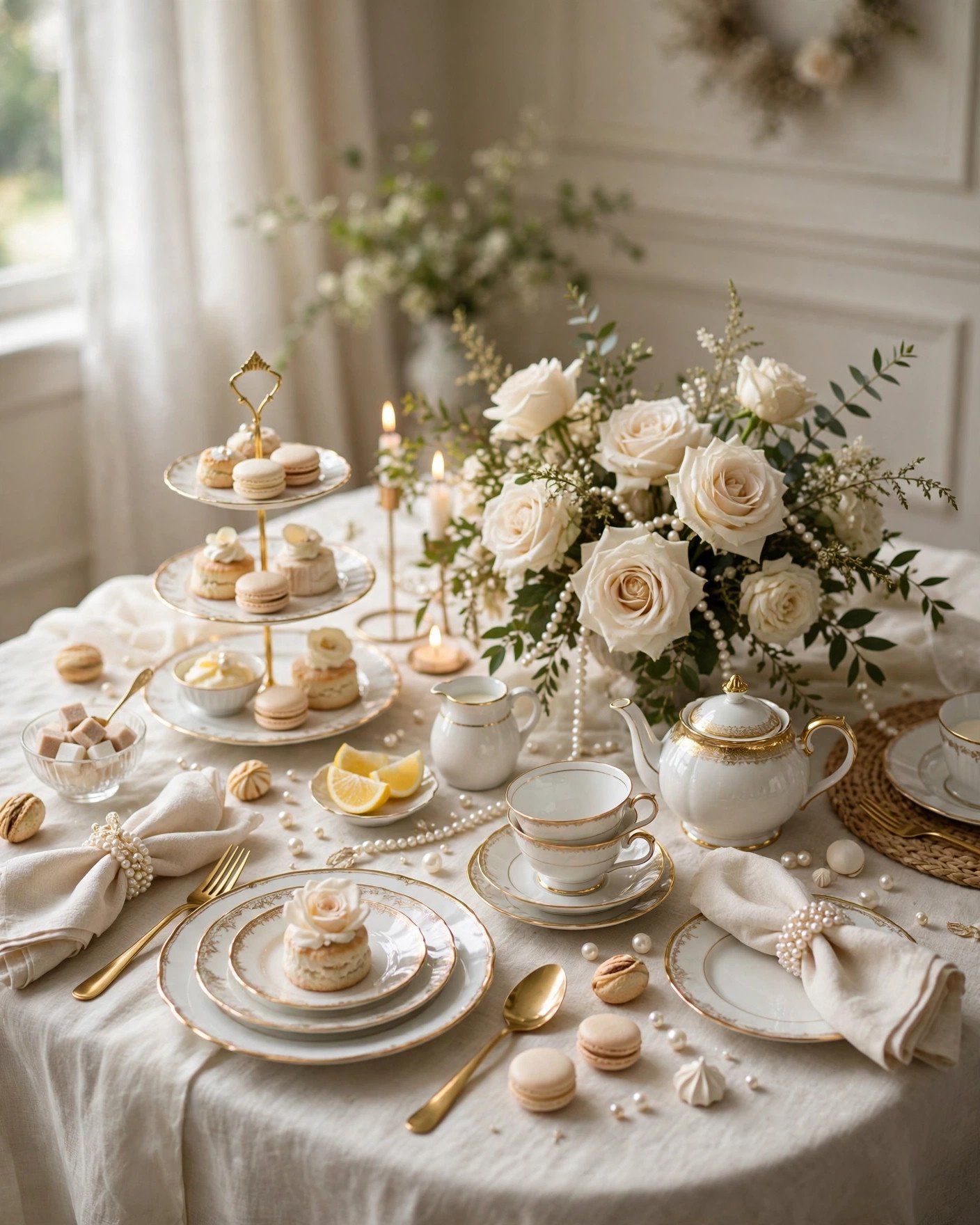 Elegant timeless bridal shower high tea table with white china and cream roses