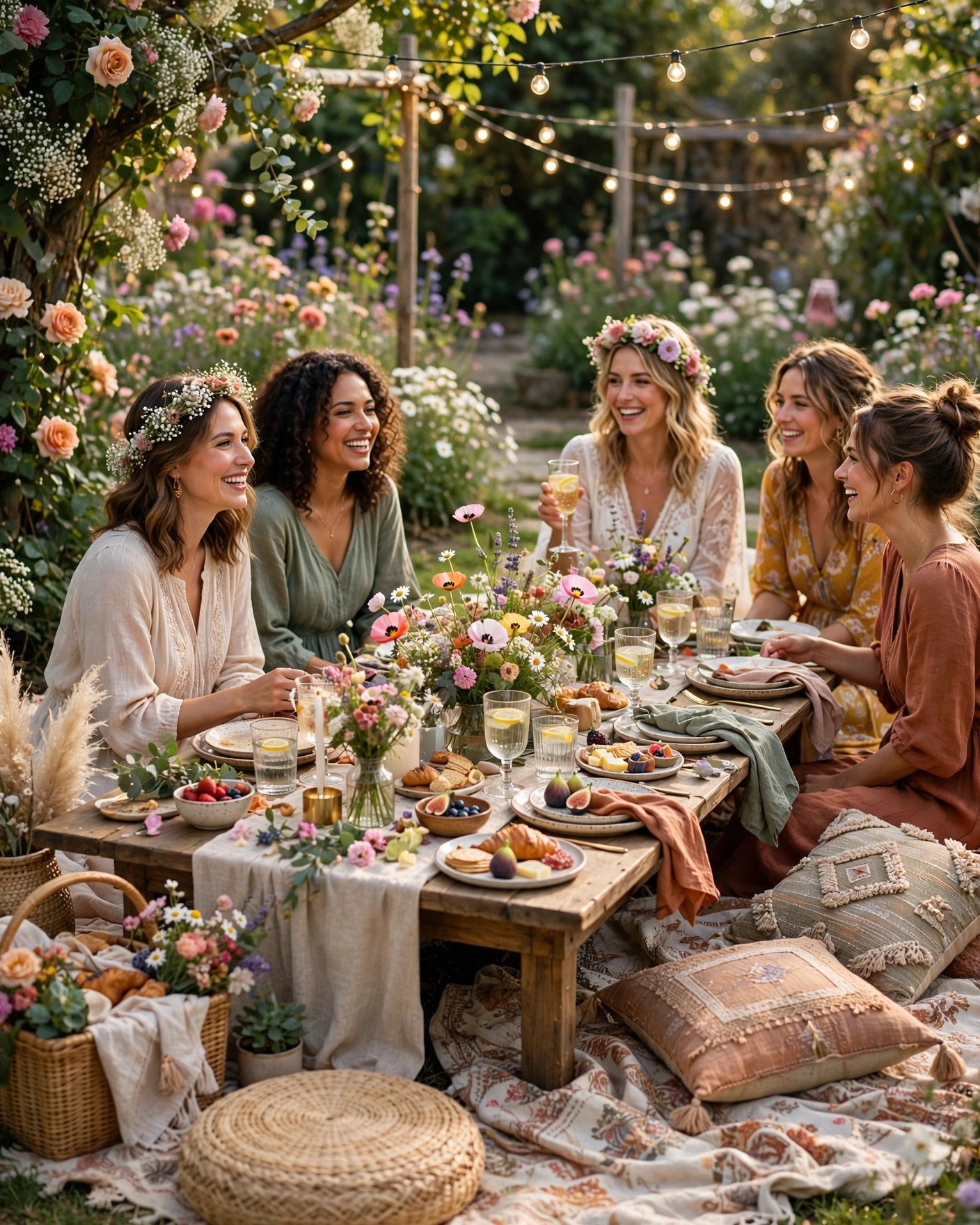 Outdoor garden bridal shower with long table under string lights and wildflowers