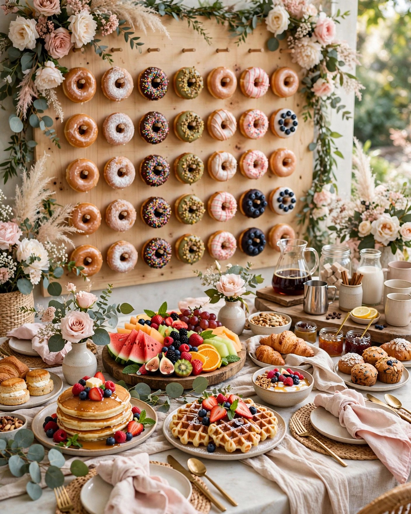 Foodie bridal shower brunch table with pancakes waffles and fruit platters