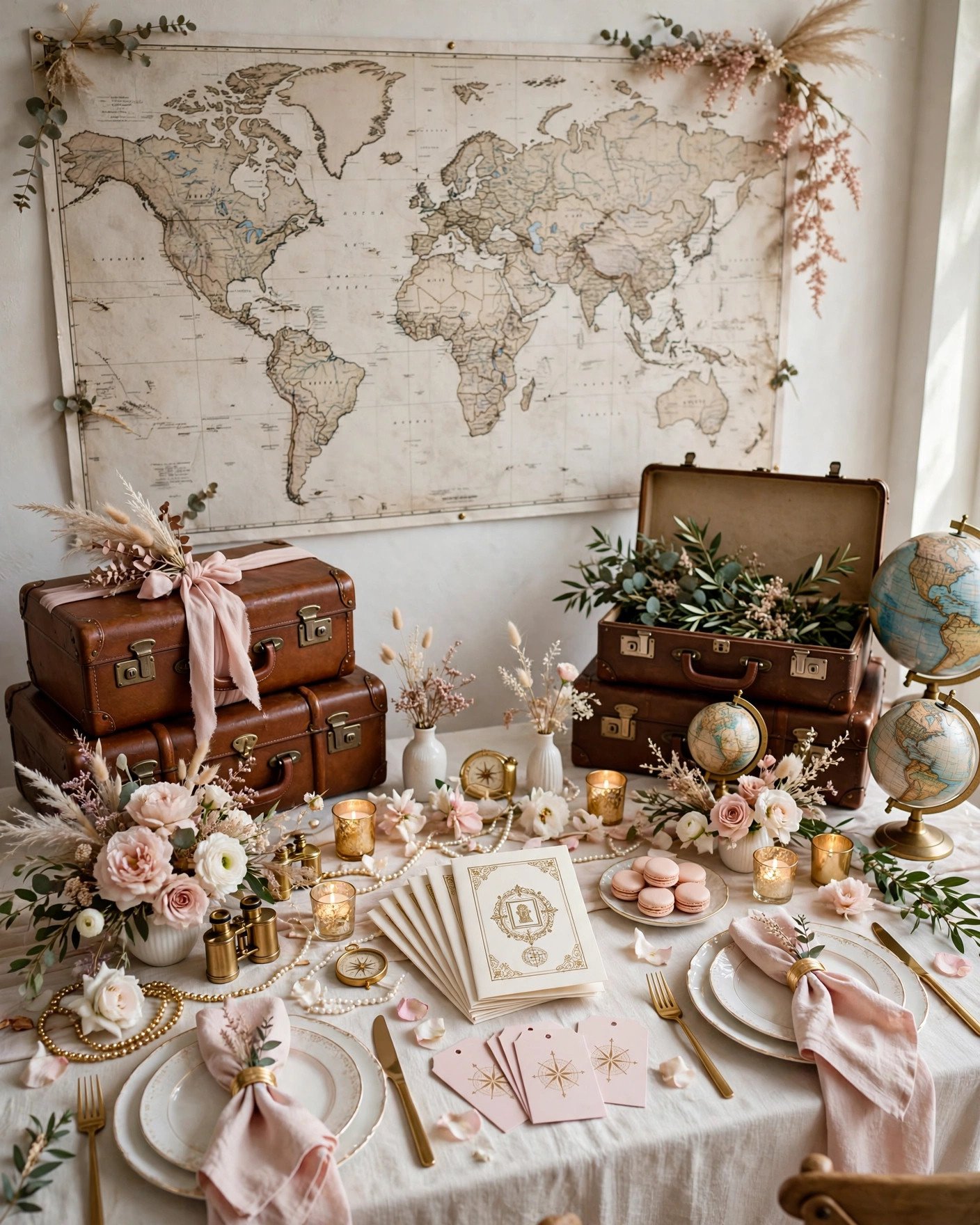 Travel inspired bridal shower with vintage suitcases globes and world map decor