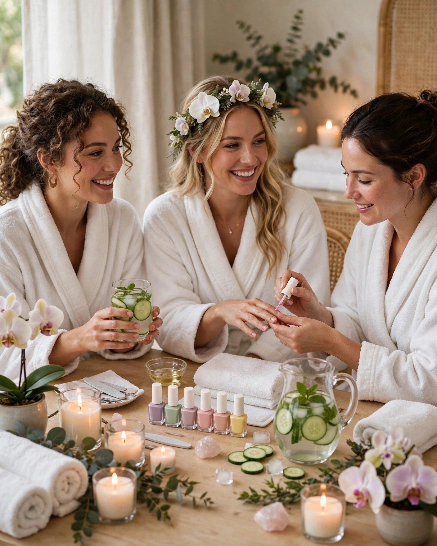 Spa and wellness bridal shower with robes candles and manicure station