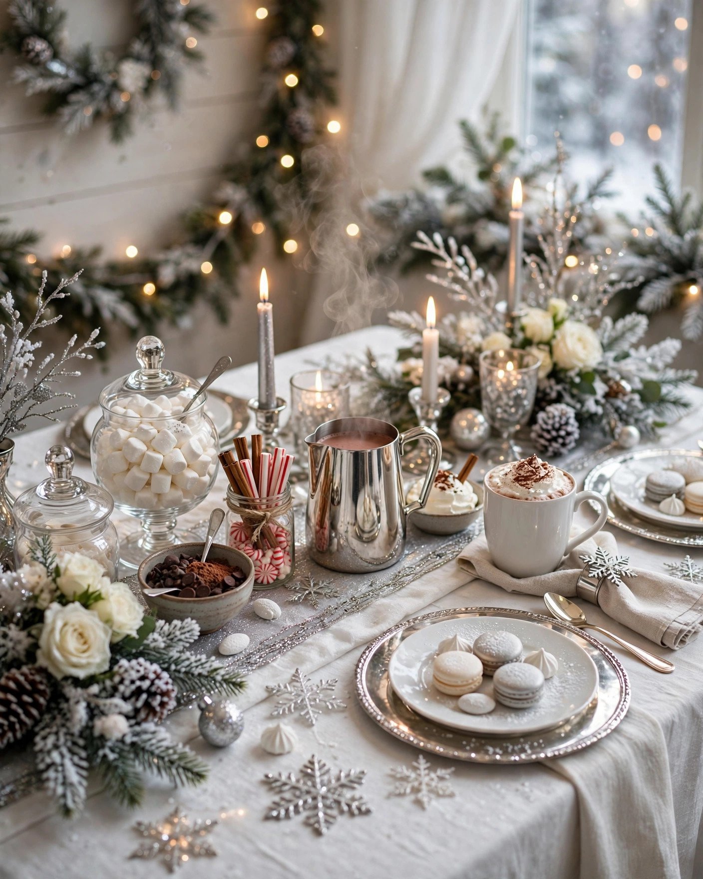 Seasonal winter wonderland bridal shower with silver white decor and hot cocoa bar