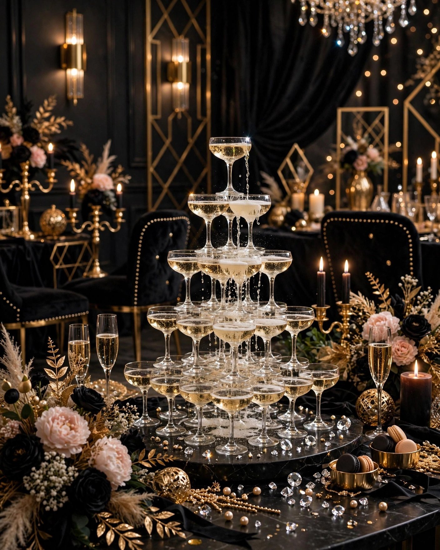 Luxury glam bridal shower with champagne tower black and gold decor