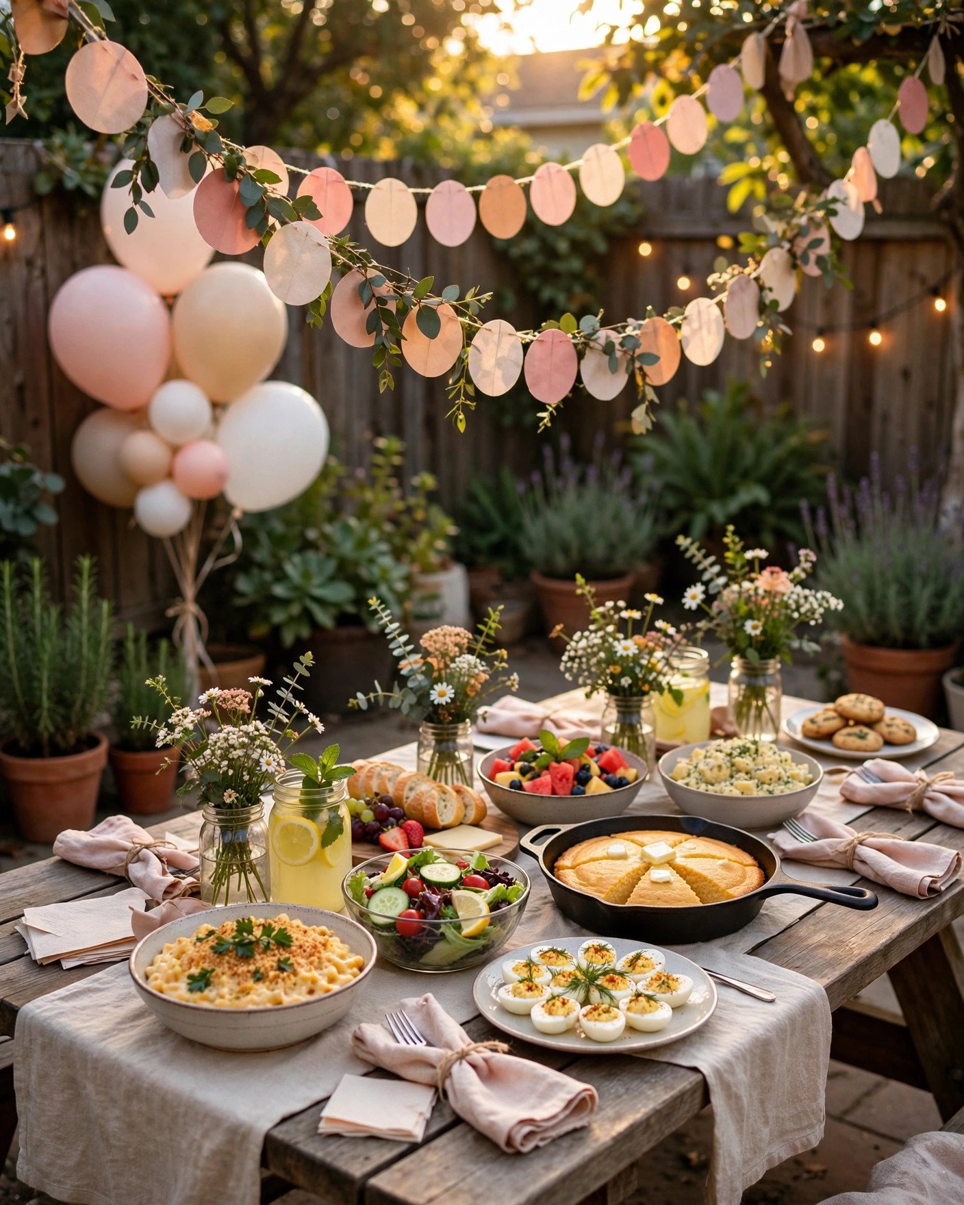 Budget friendly DIY bridal shower with homemade decorations and backyard potluck table
