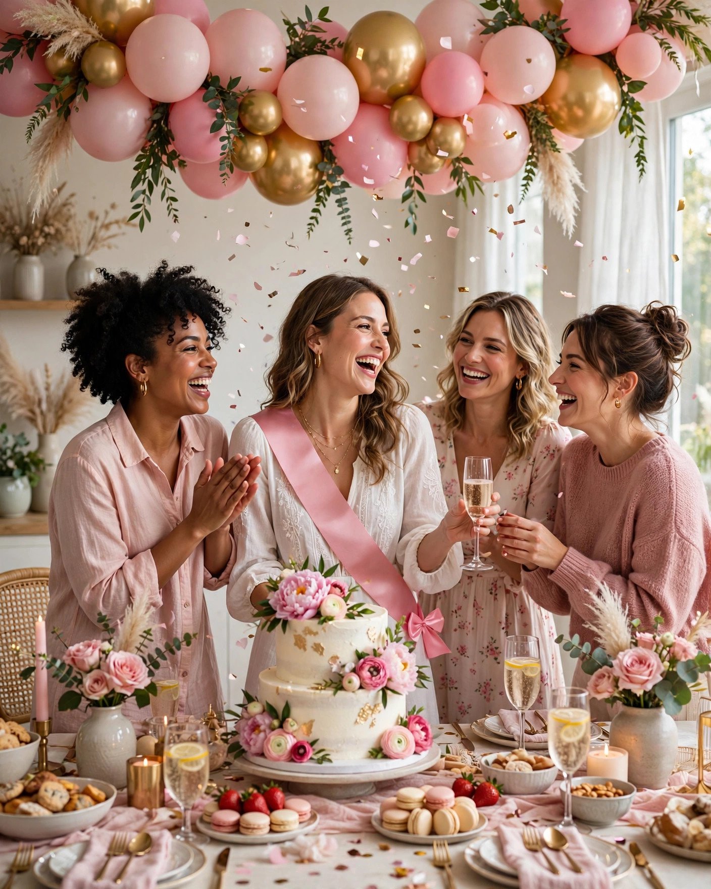 Joyful bridal shower party with pink and gold balloons, dessert table and celebrating guests