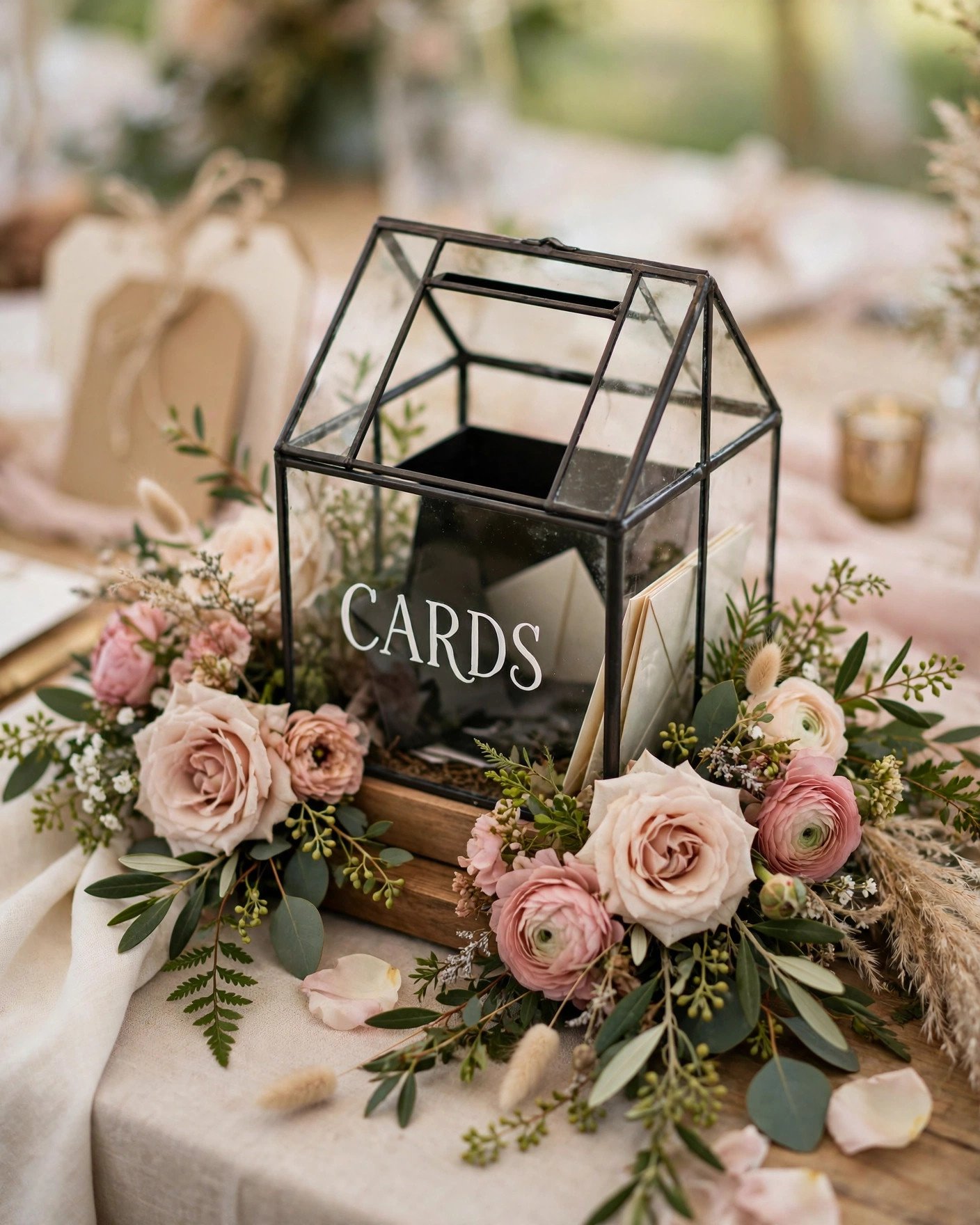 SOCKER mini greenhouse glass terrarium as wedding card box with lettering and flowers