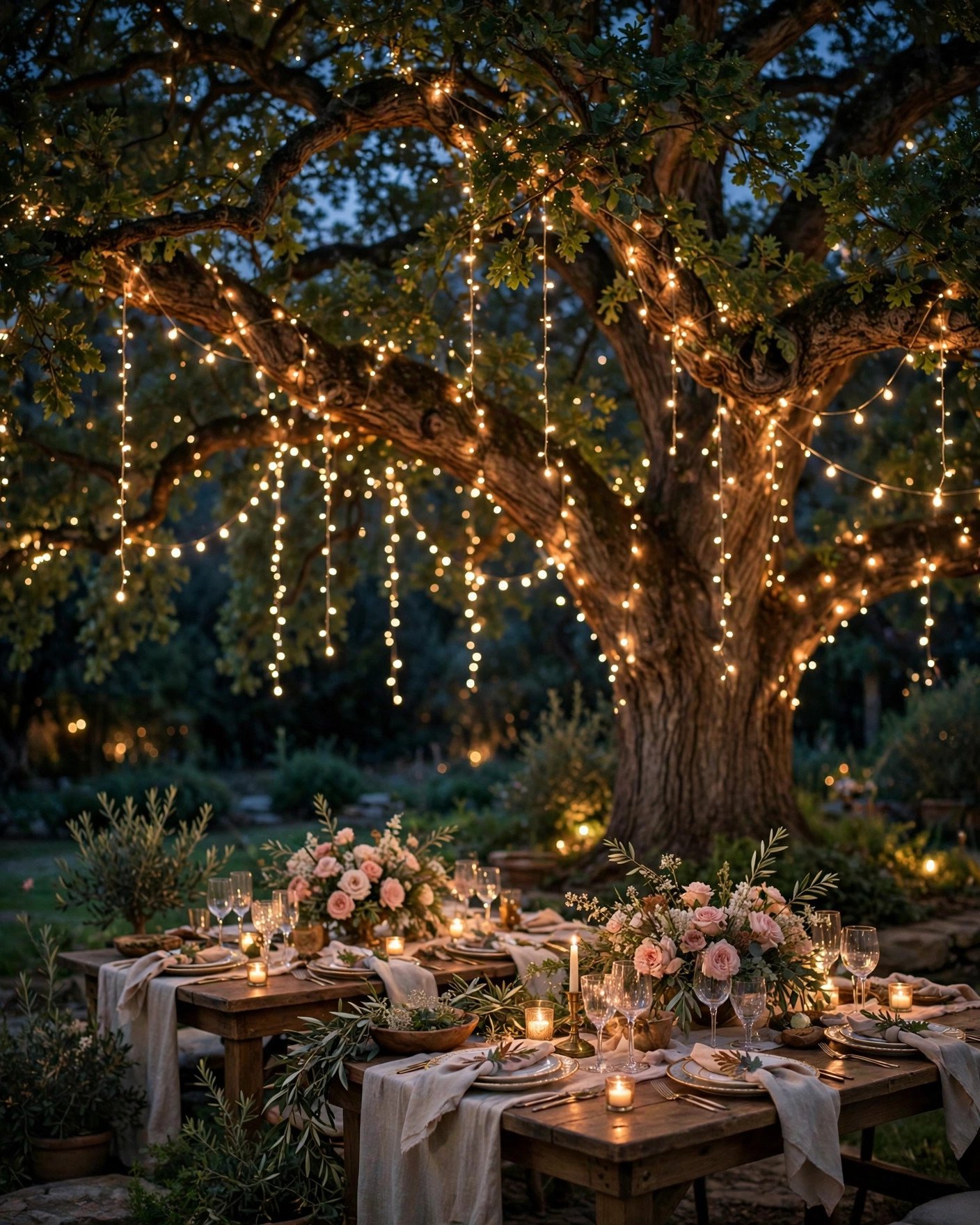 Fairy string lights hanging from a tree at an outdoor evening wedding