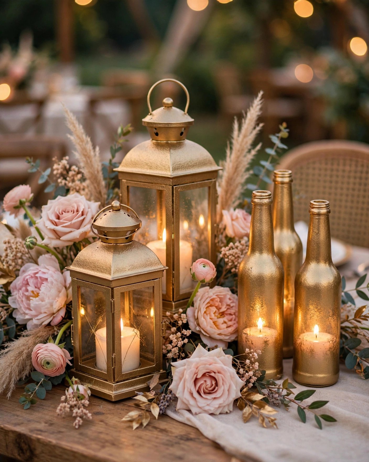 Gold spray painted BORRBY lanterns and bottles as wedding centerpieces