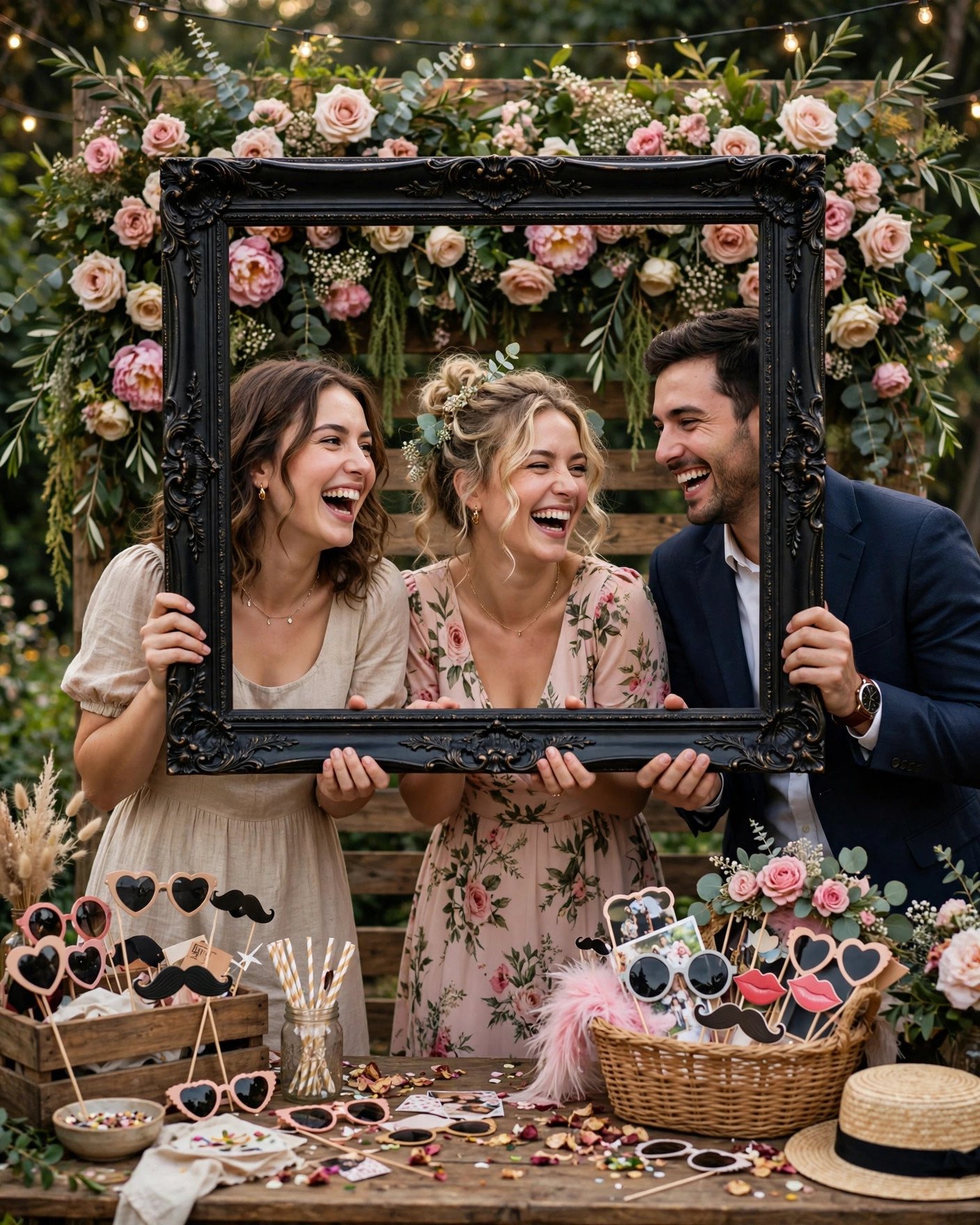 Wedding photo booth with large black UNG DRILL frame held by guests