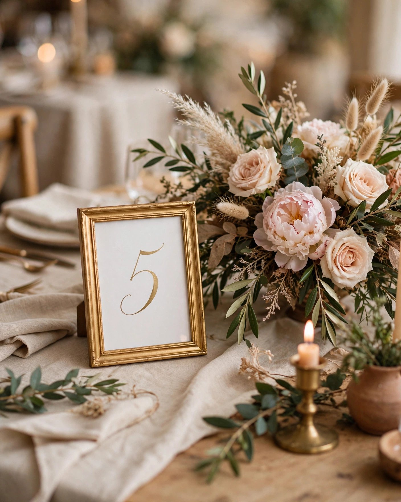 Gold TOLSBY frame table number sign with calligraphy on wedding table