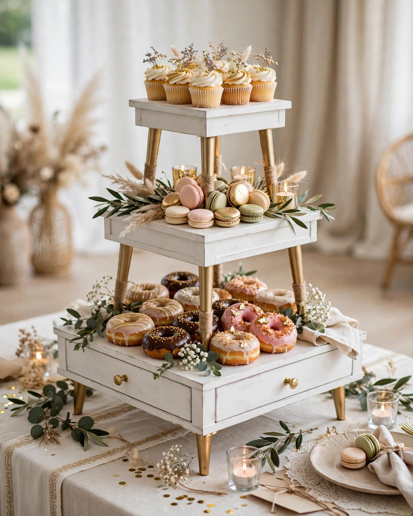 Tiered dessert tower made from stacked LACK side tables with cupcakes and macarons