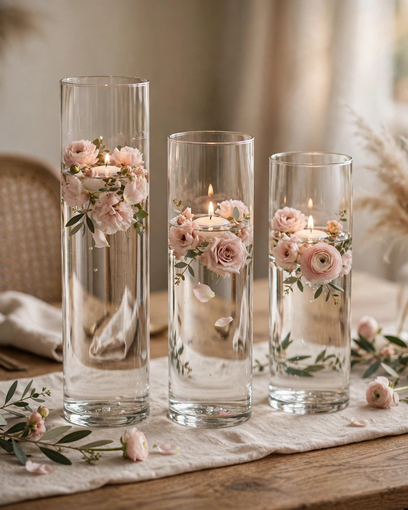 CYLINDER glass vases with floating candles and blush flowers as wedding centerpieces