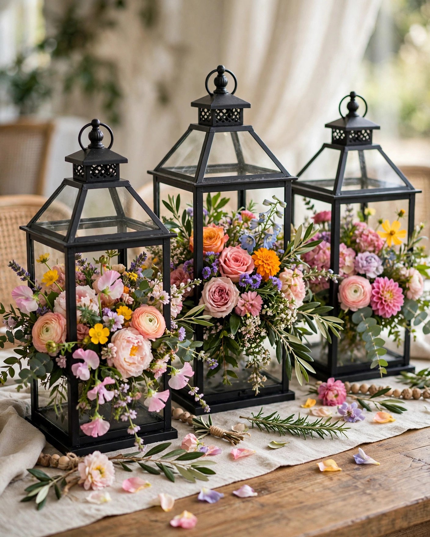BORRBY lanterns filled with colorful fresh flowers as wedding centerpieces