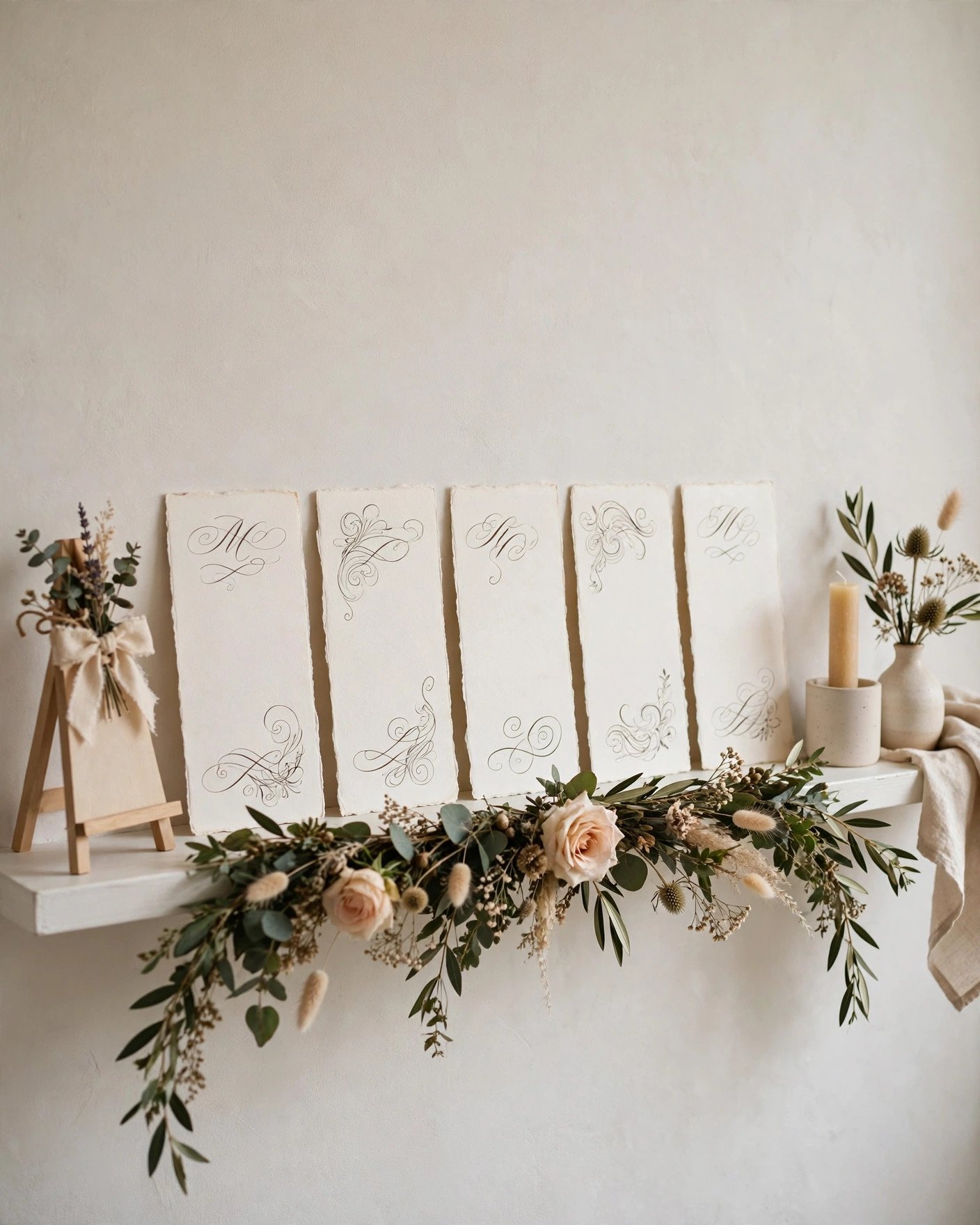RIBBA picture ledge displaying wedding menu cards with floral garland