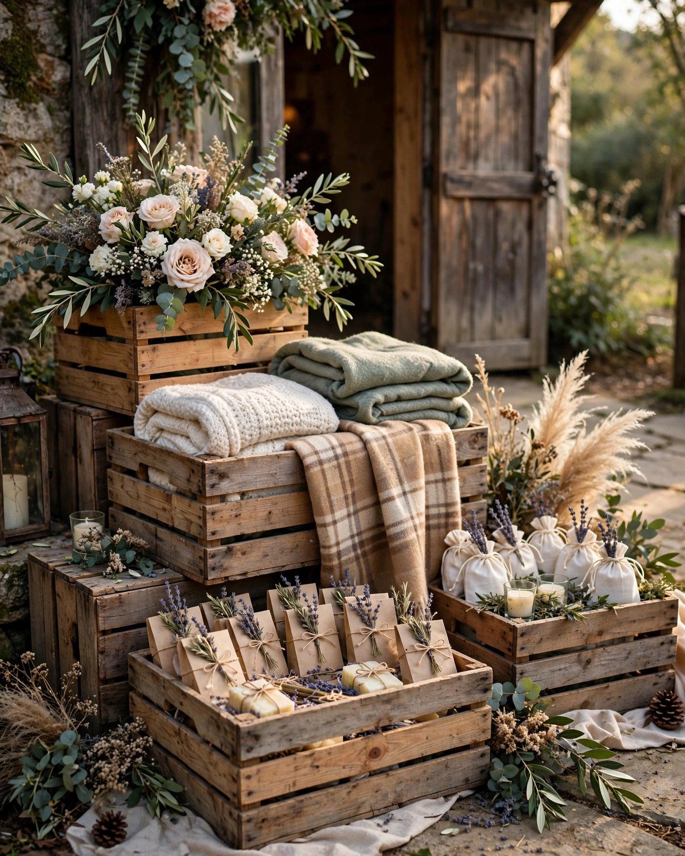 Stacked KNAGGLIG wooden crates with flowers and wedding favors at venue entrance