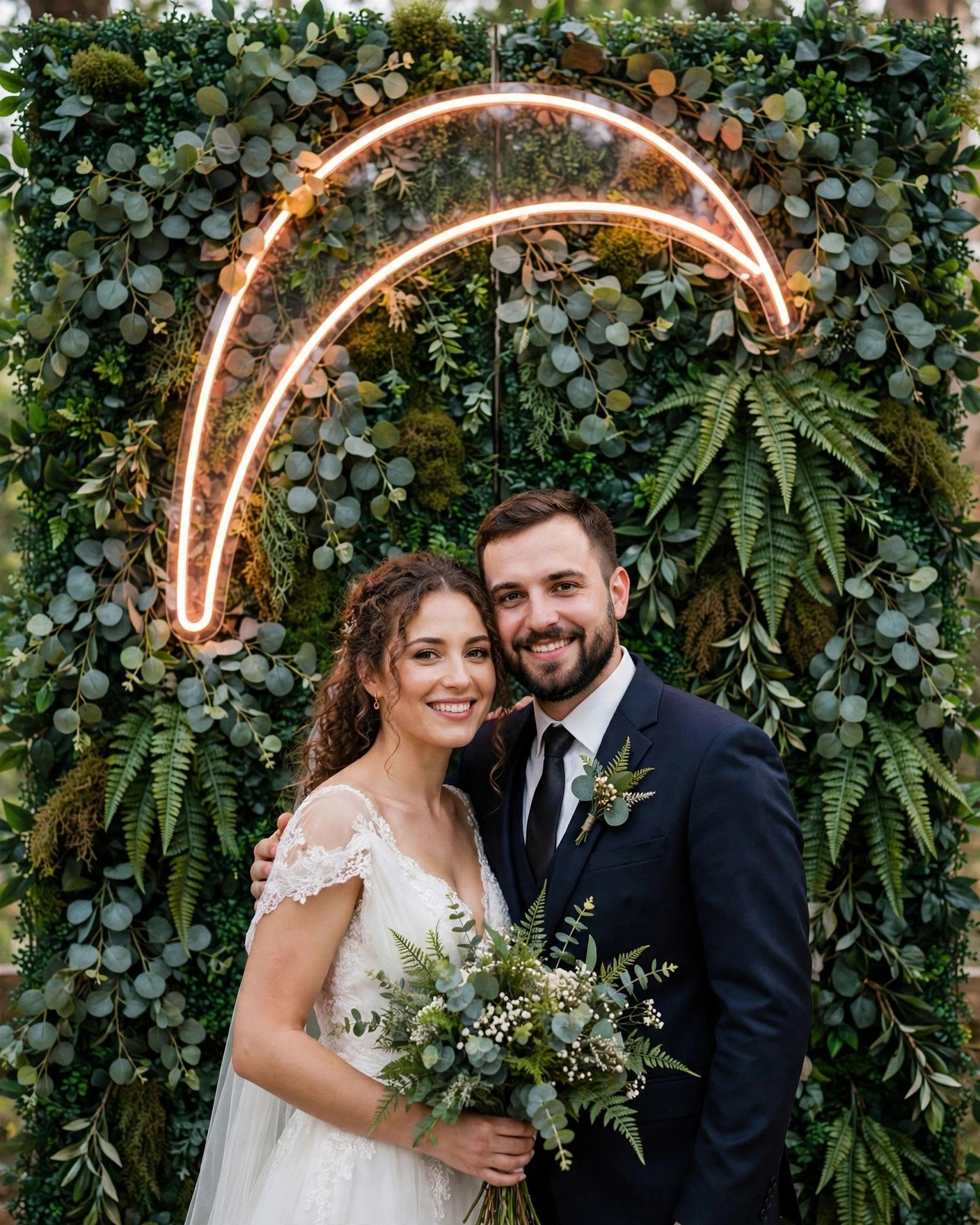 FEJKA artificial greenery wall backdrop with wedding sign at photo station