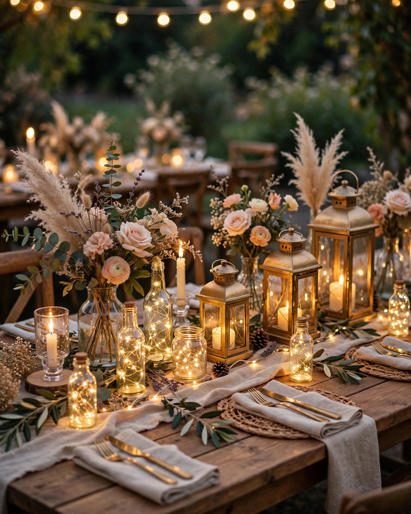 Stunning wedding reception table with IKEA hack decor, gold lanterns and fairy lights