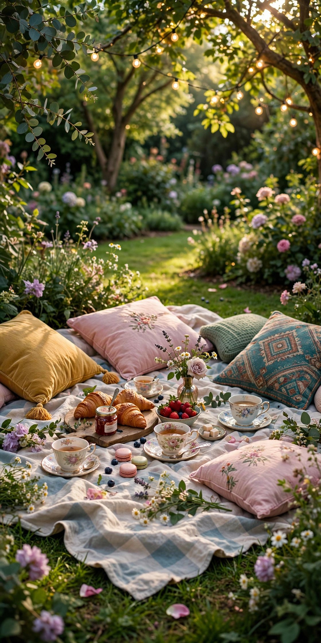 Whimsical garden tea party with picnic blankets, vintage teacups and fairy lights