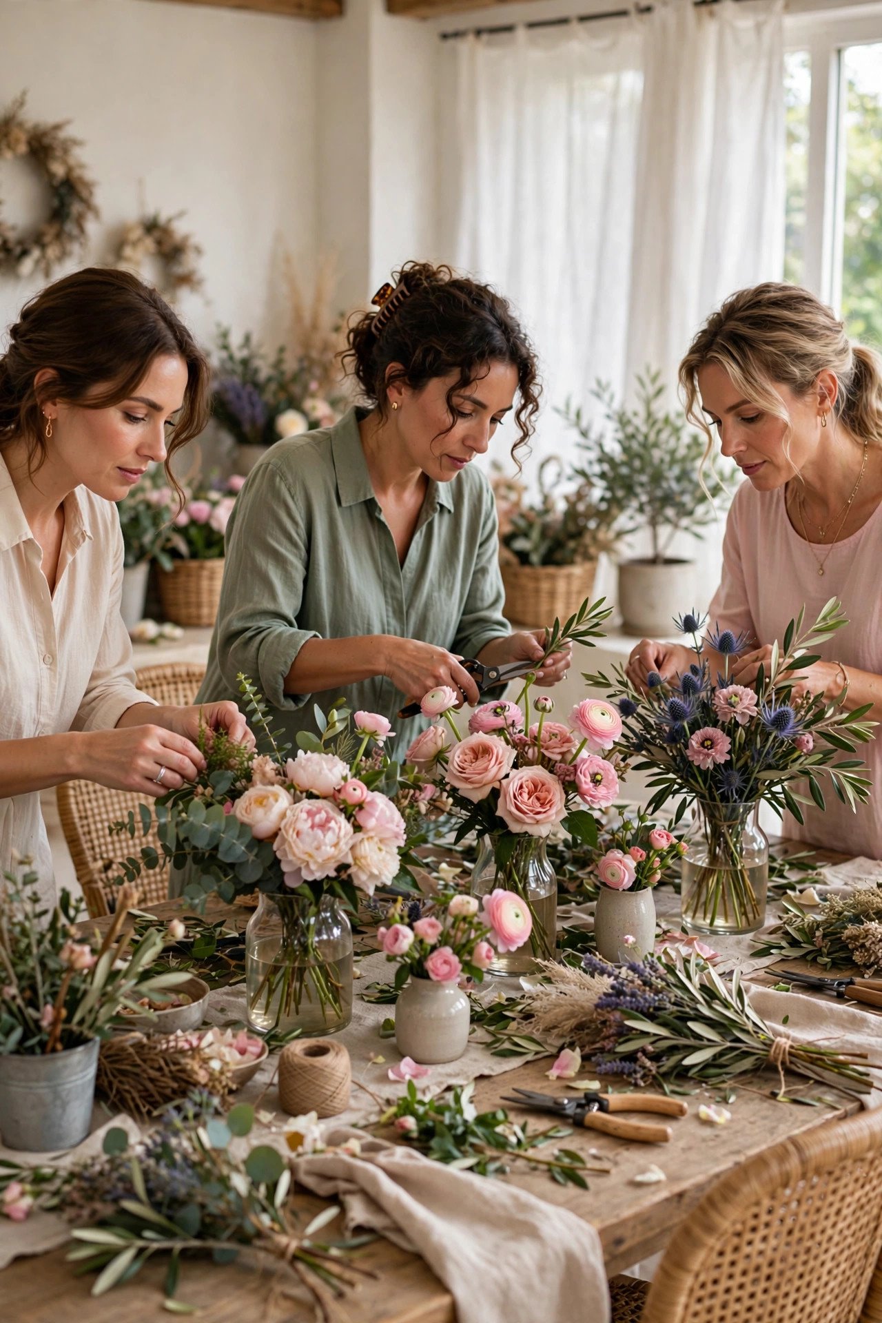 Bridal shower floral arrangement workshop with women arranging fresh blooms