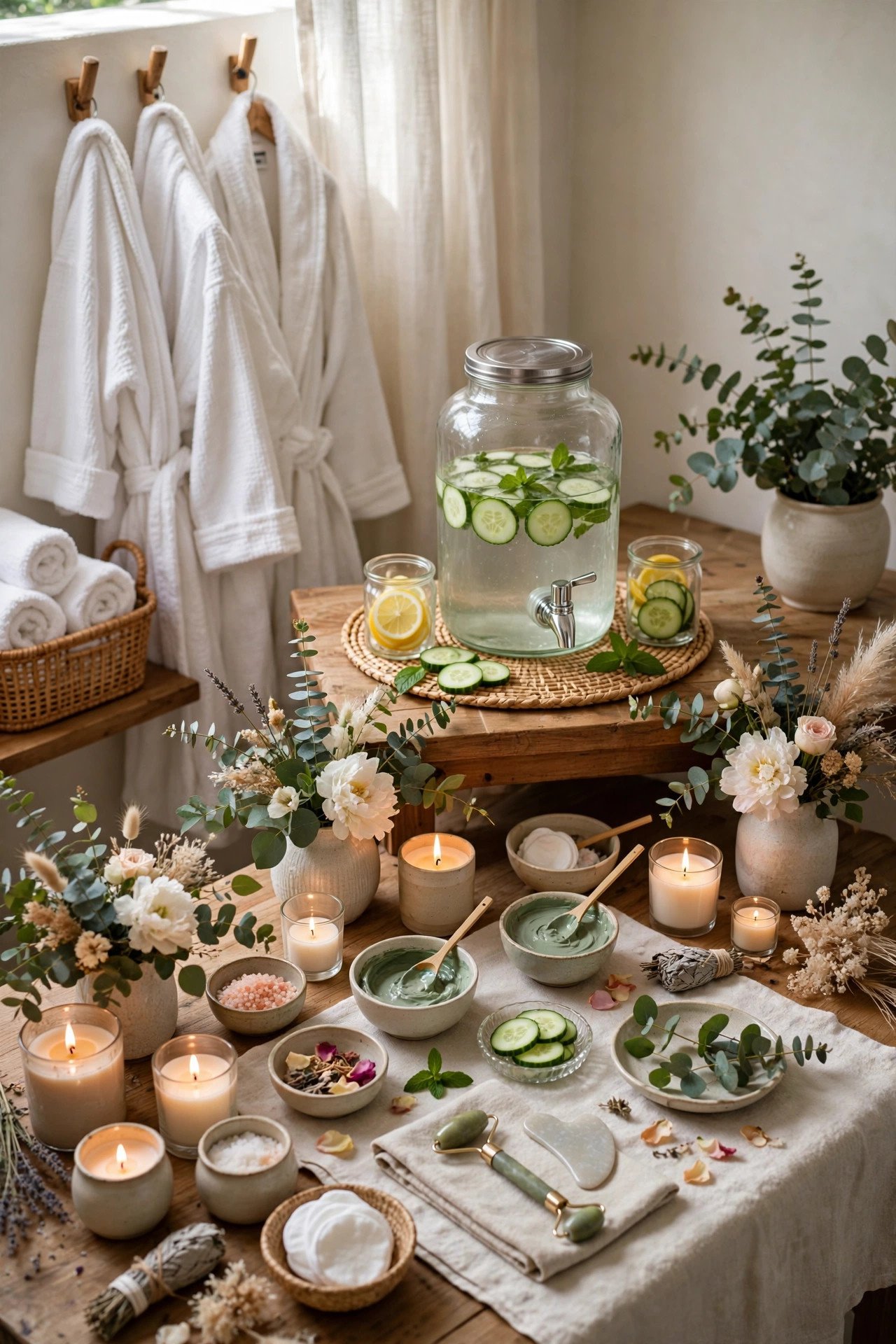 At-home spa day bridal shower setup with robes, candles and treatment stations