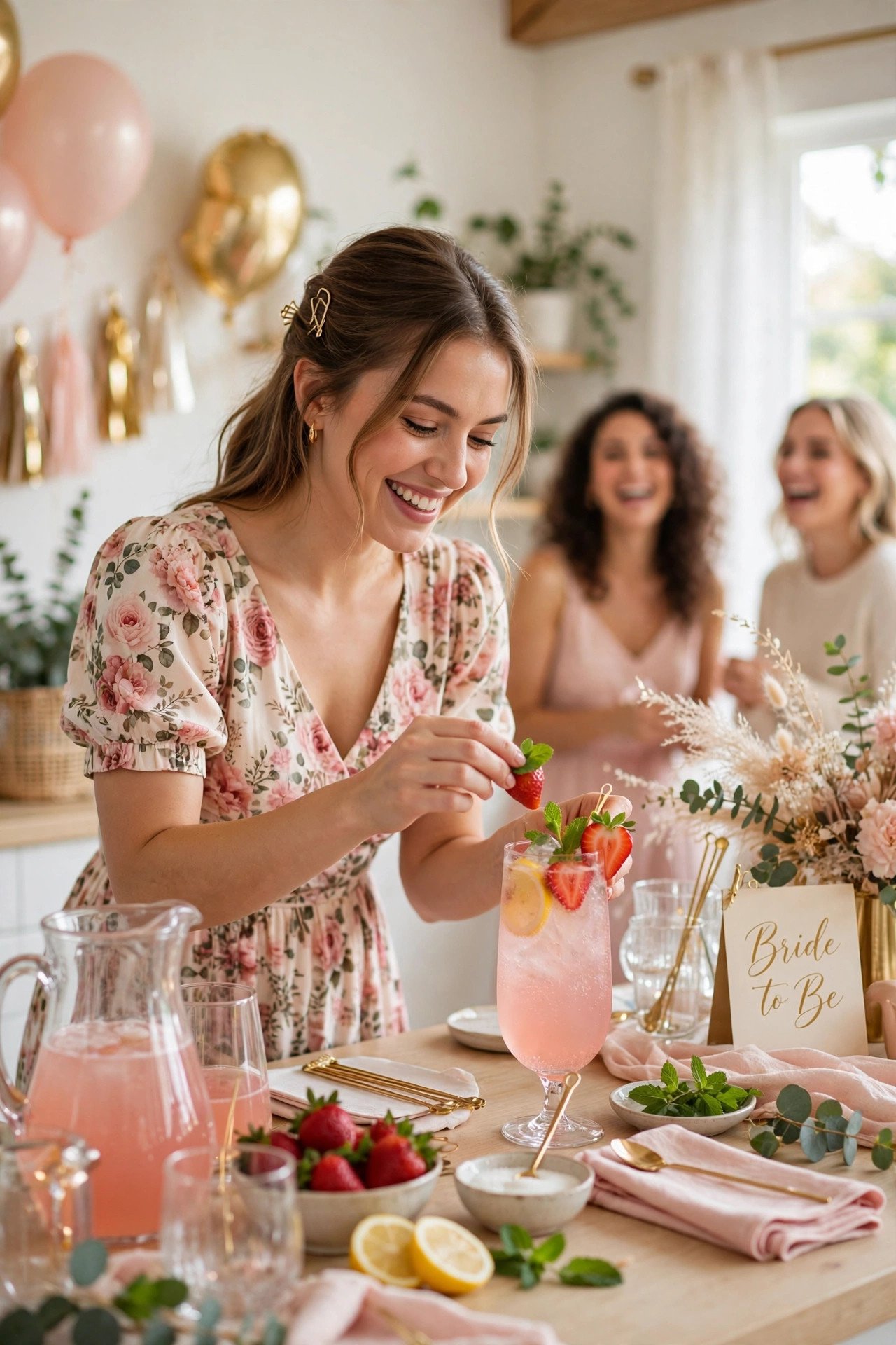 Creative cocktail-making class at a bridal shower with stylish bar setup